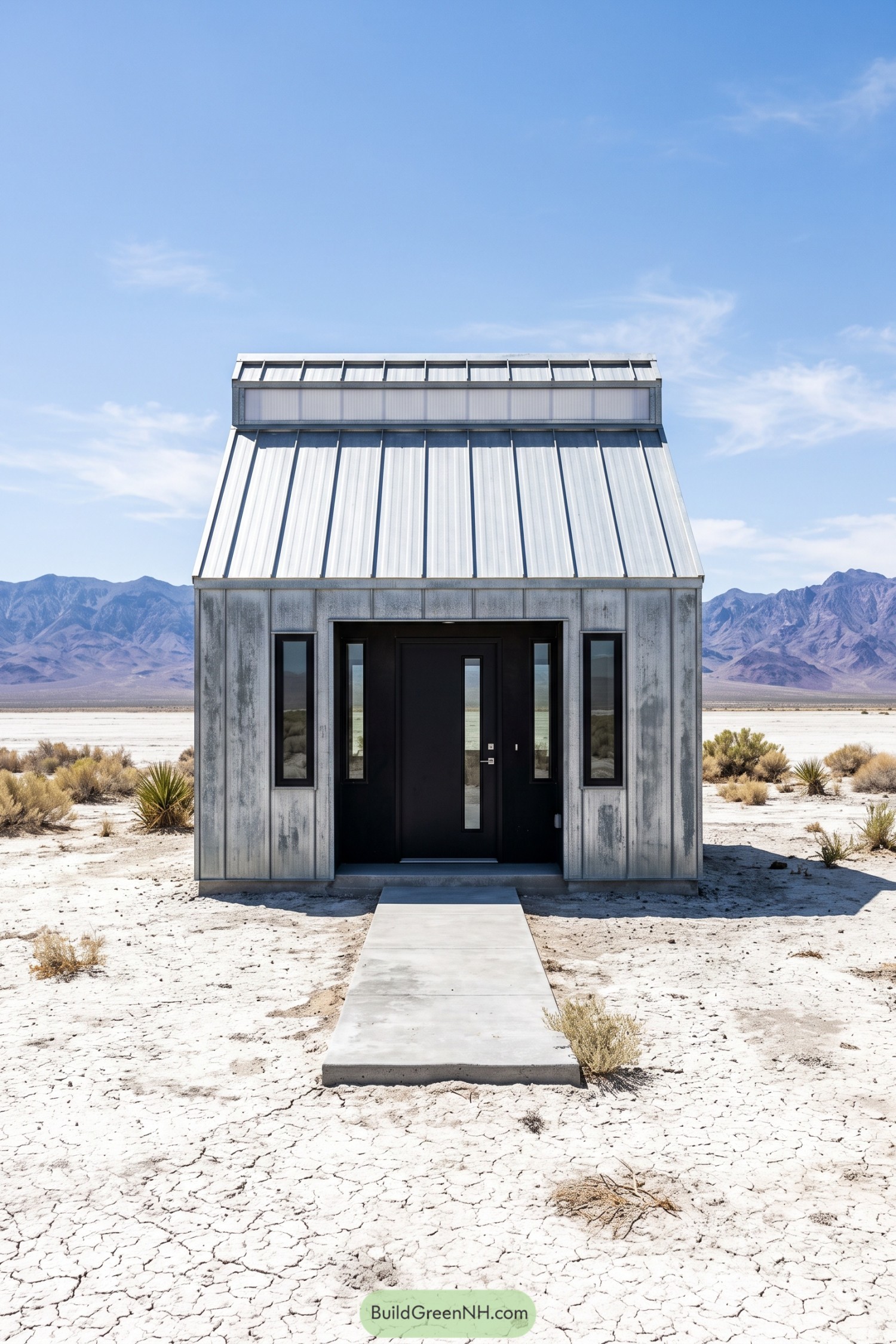 Compact gray metal barn house with a tall gambrel roof in a desert basin