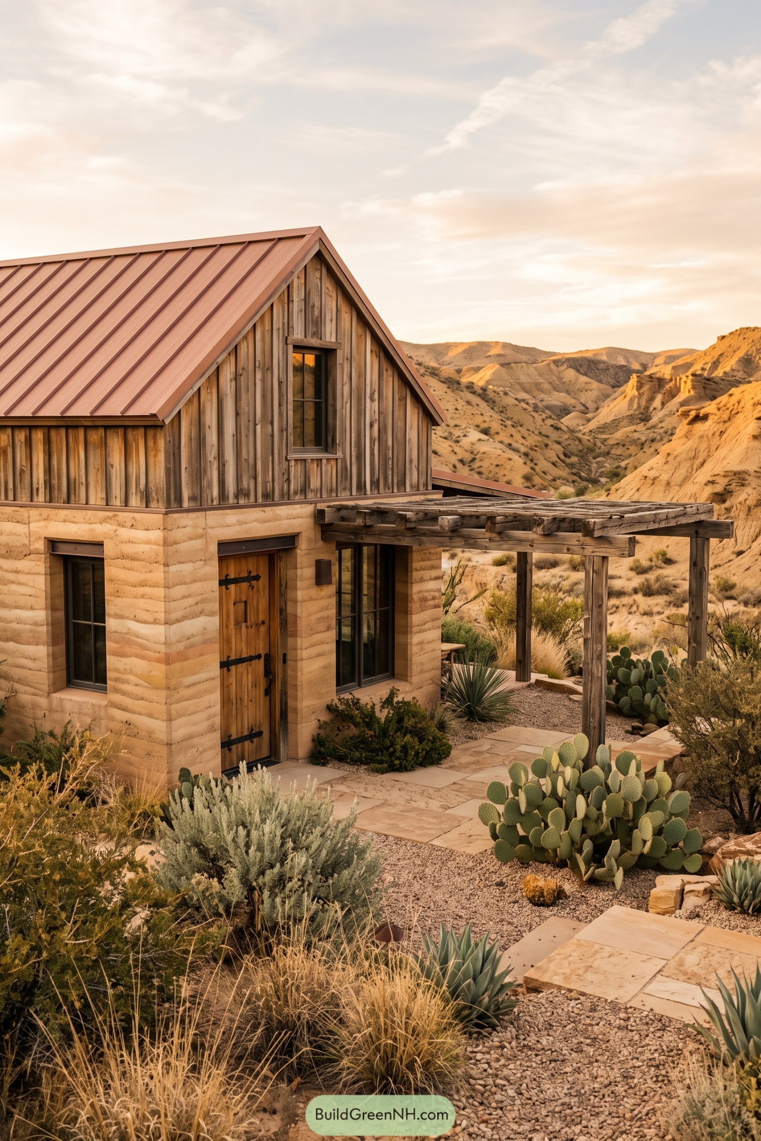 Two-story desert barn house with timber pergola