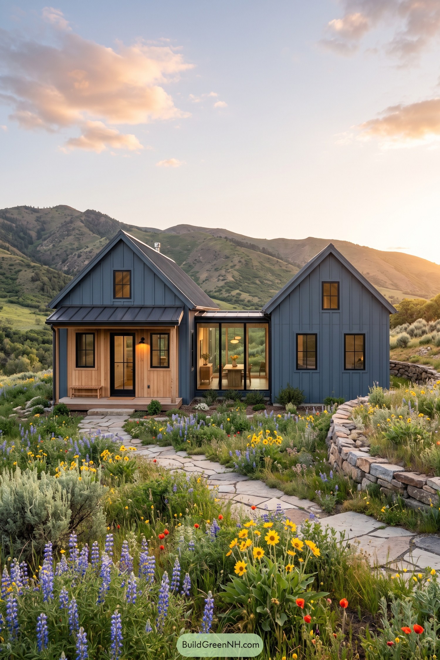 Slate blue twin gable barn home amid mountain wildflowers