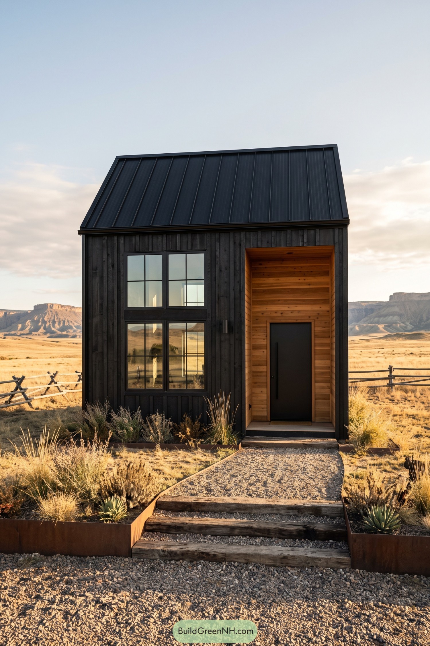 Compact black barn home with a cedar entry set against desert mesas