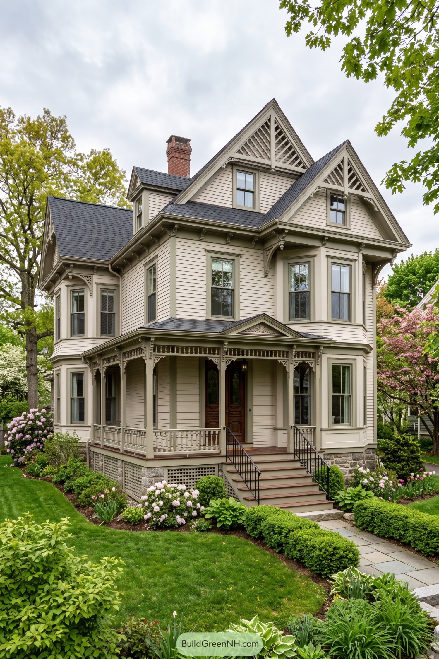 Victorian stick house with ornate gables and wraparound porch