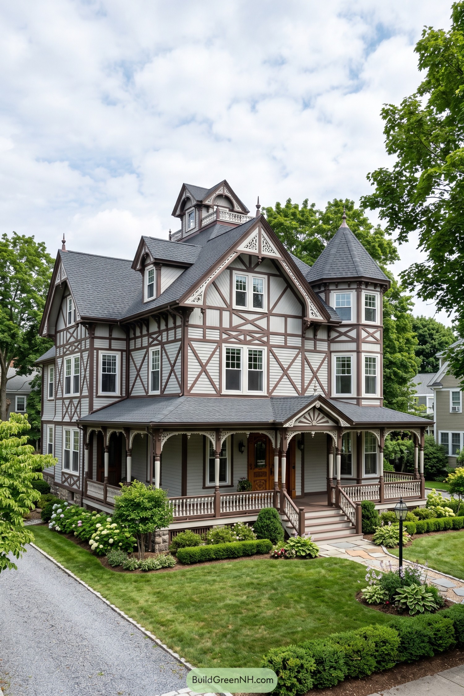 Victorian stick house with an octagonal turret and wraparound porch