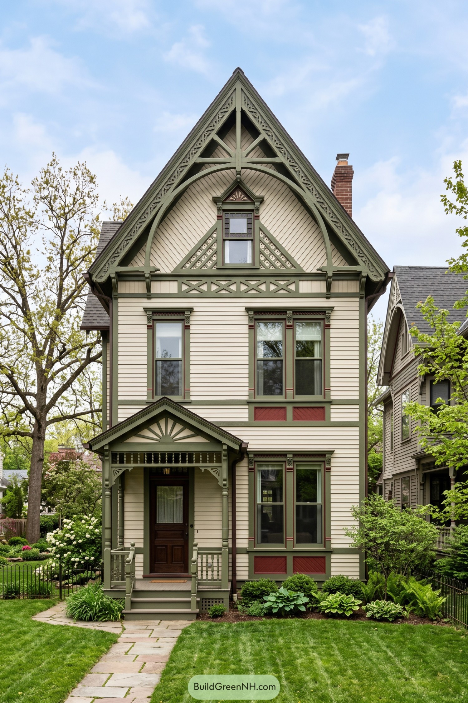 Tall Stick style home with ornate arched gable trim