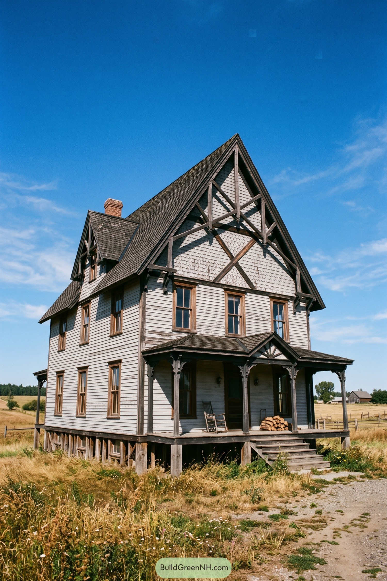 Tall Stick style farmhouse with timbered gables and wraparound porch