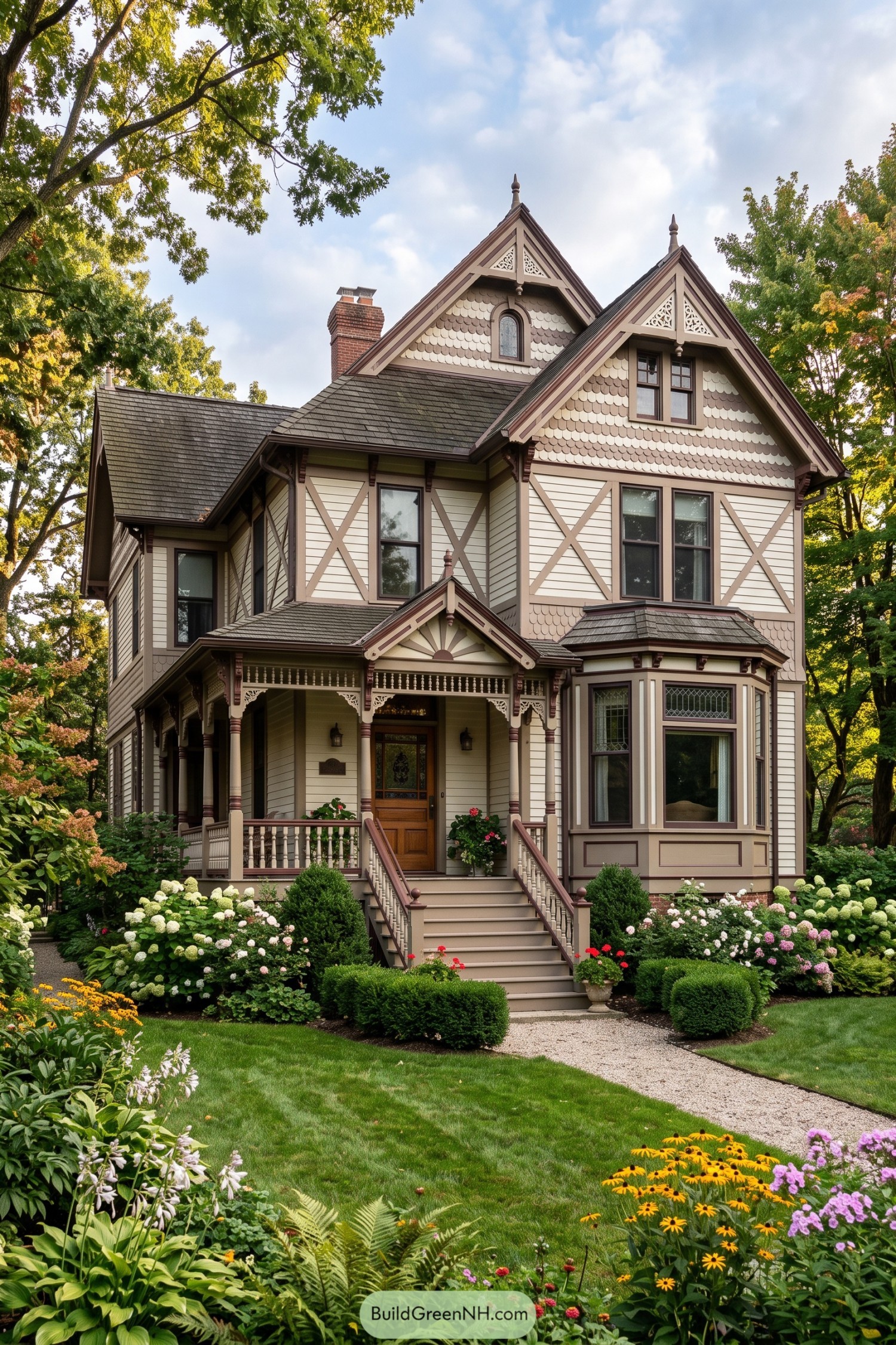 Victorian stick house with cross braces scalloped shingles and a bay window