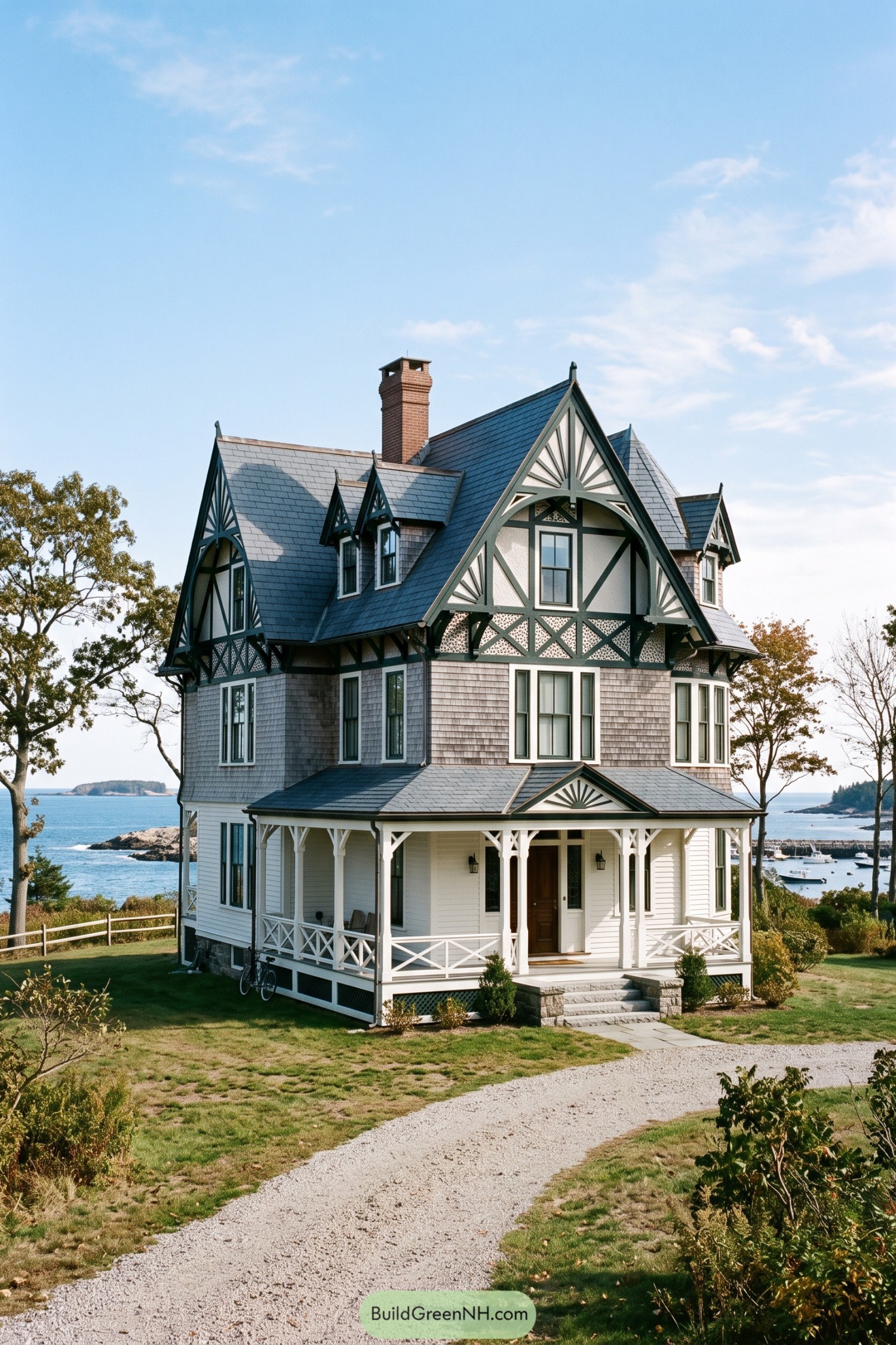 Coastal stick house with sunburst gables and wraparound porch
