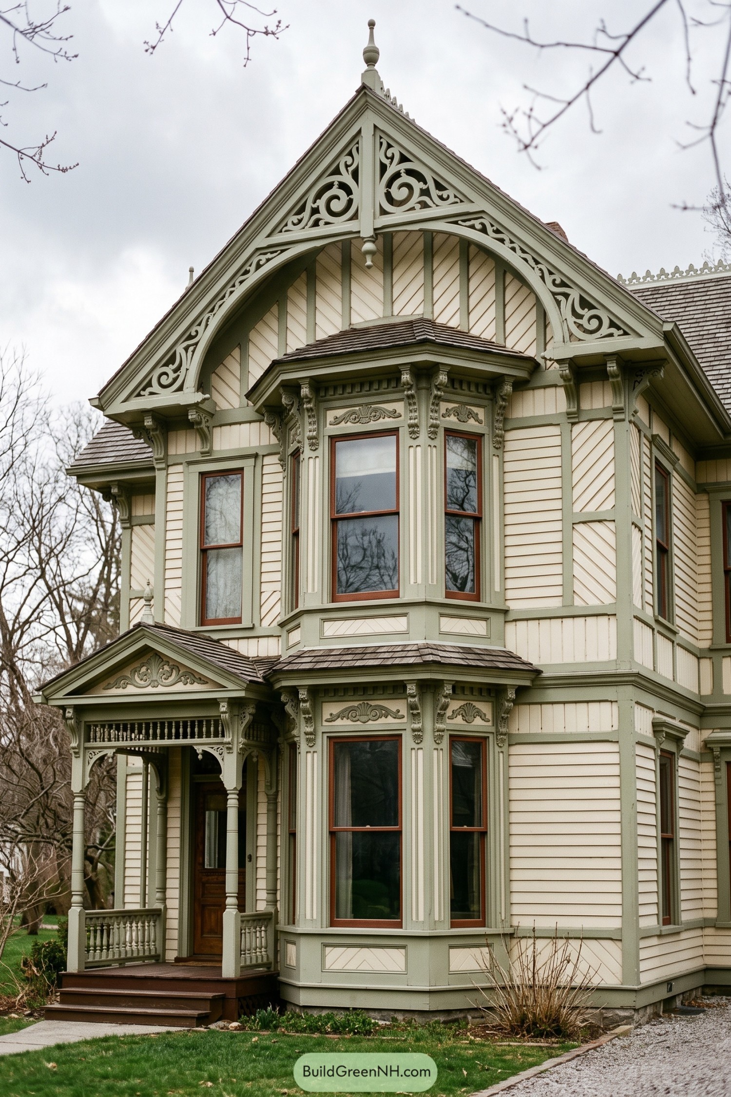 Ornate Stick style house with bay windows and scrollwork gable trim