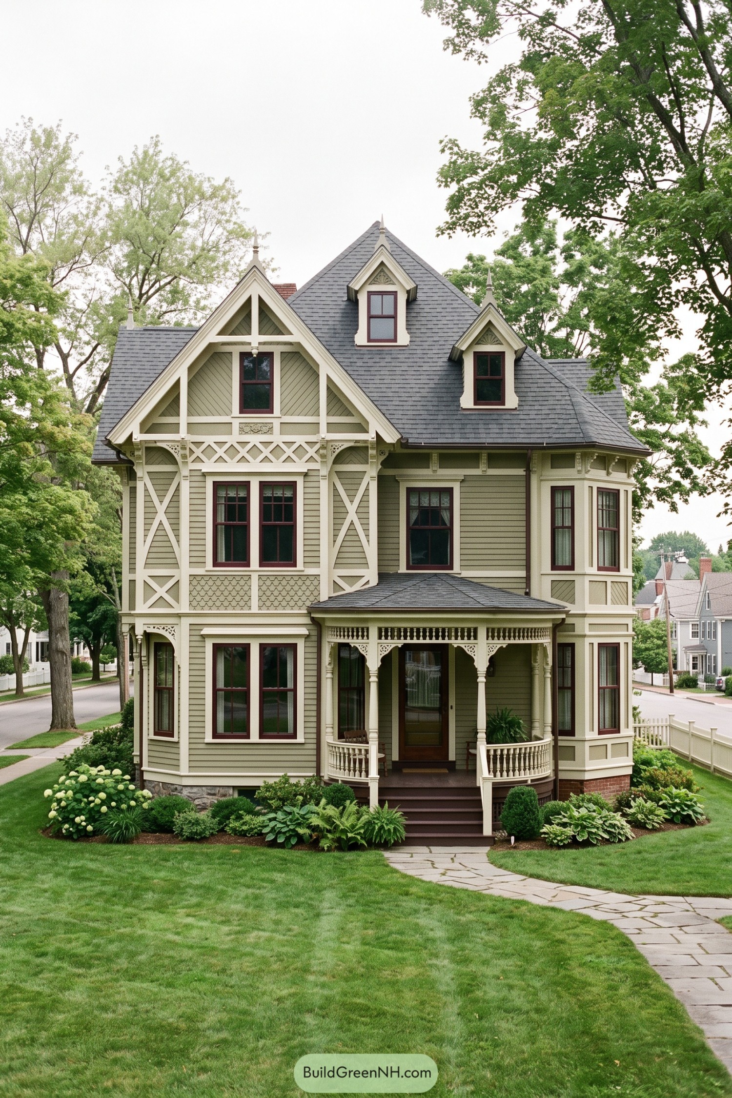 Olive green Stick style house with crossbraced gables and wraparound porch