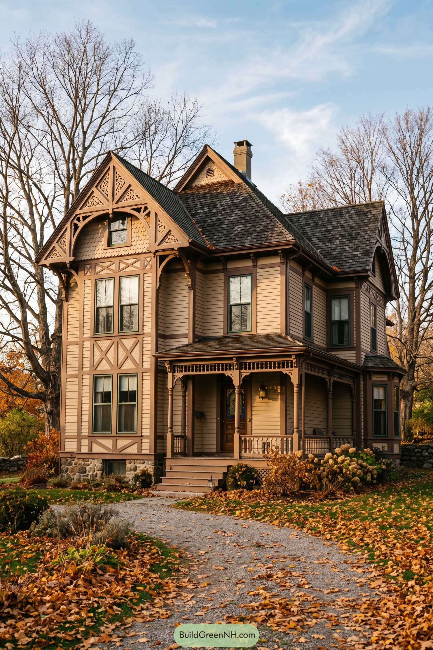 Victorian stick house with ornate gables and a covered porch