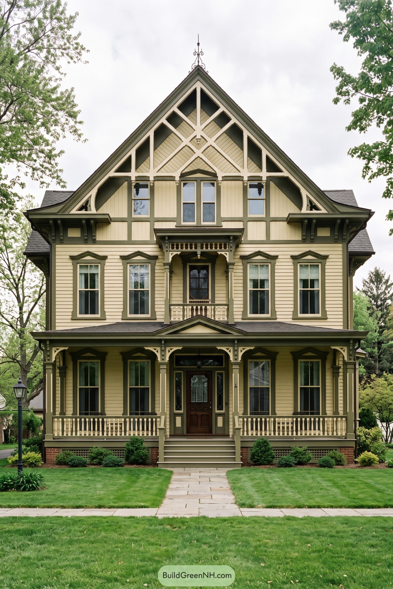Olive and cream Stick style house with ornate gable framing