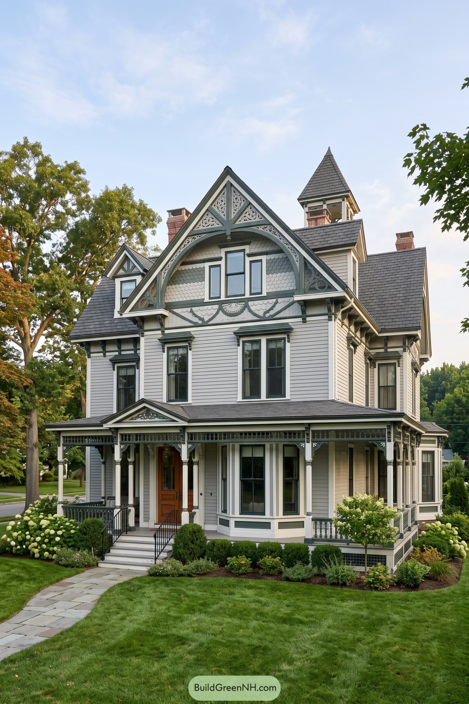 Victorian stick house with ornate gables and tower