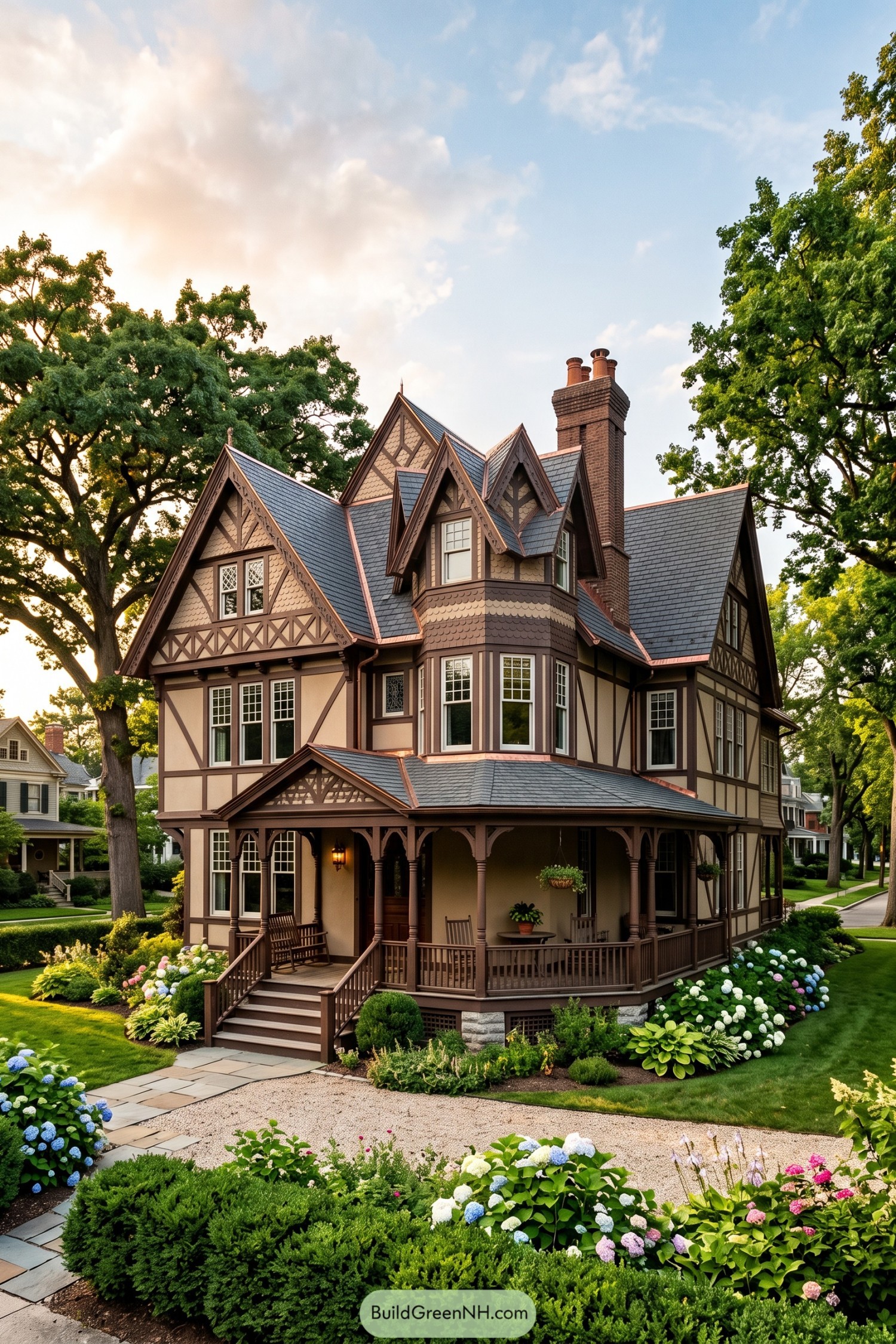 Turreted stick-style home with wraparound porch