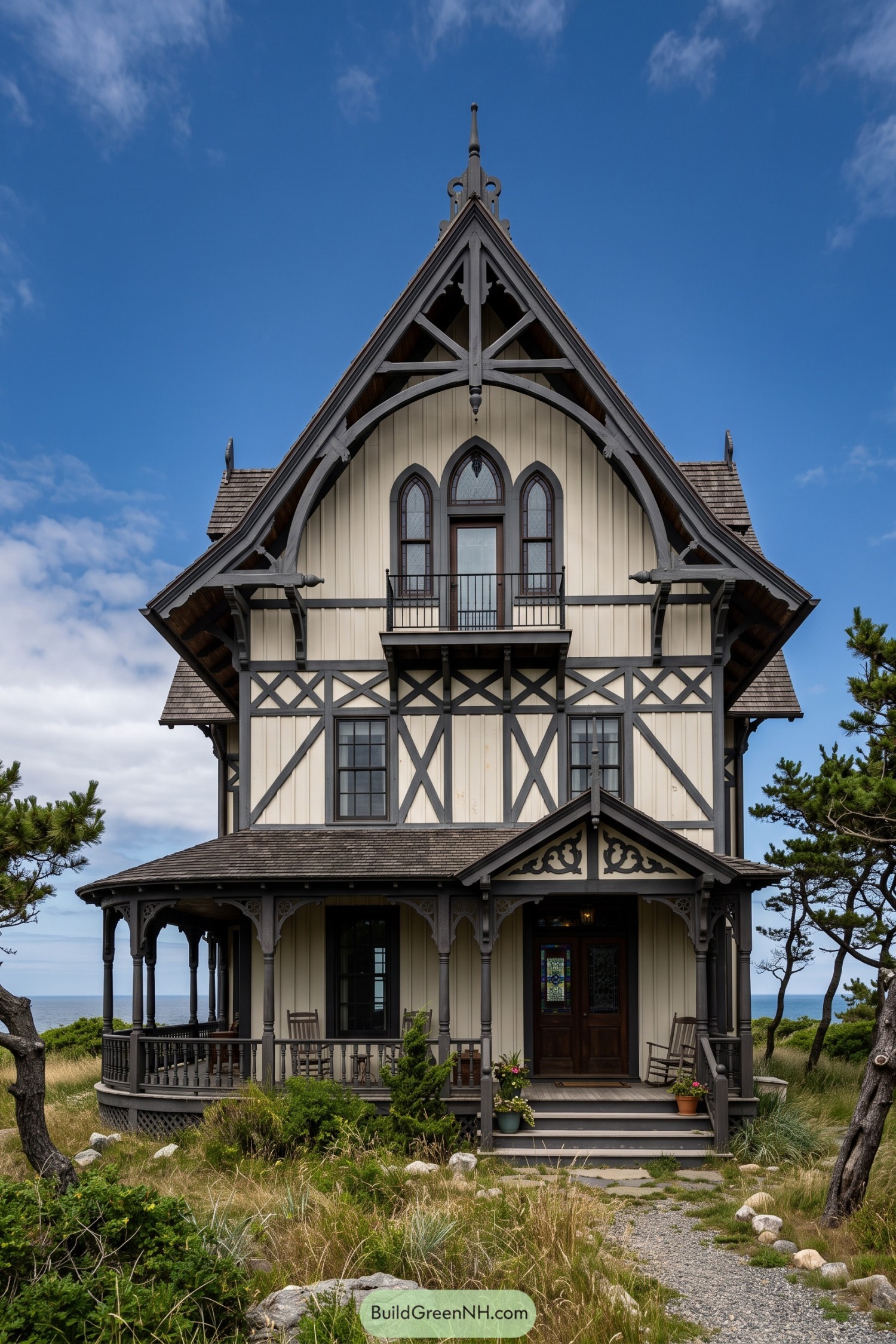 Stick style cottage with steep gable and wraparound porch