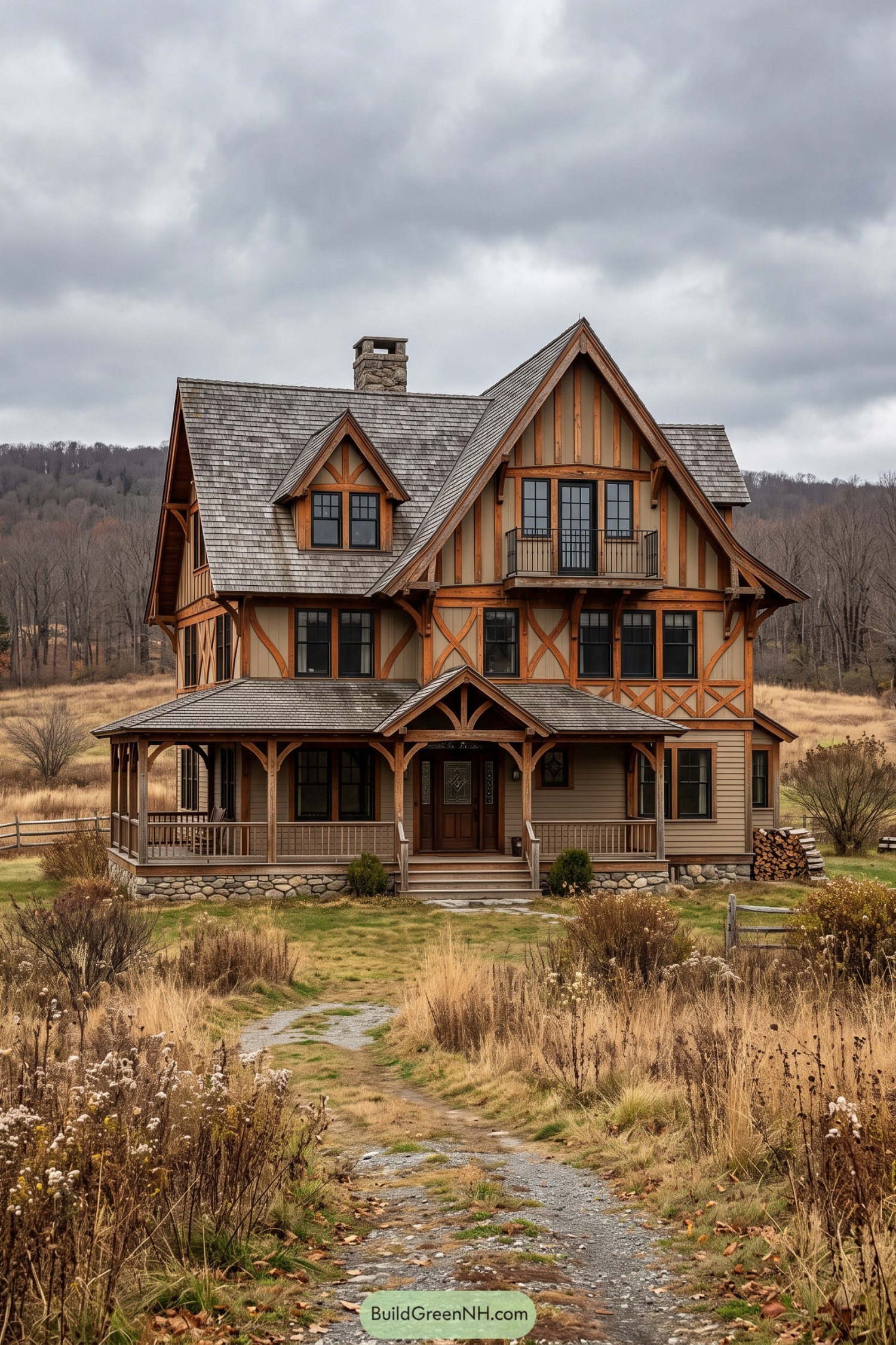 Tall Stick style home with timber bracing and wraparound porch