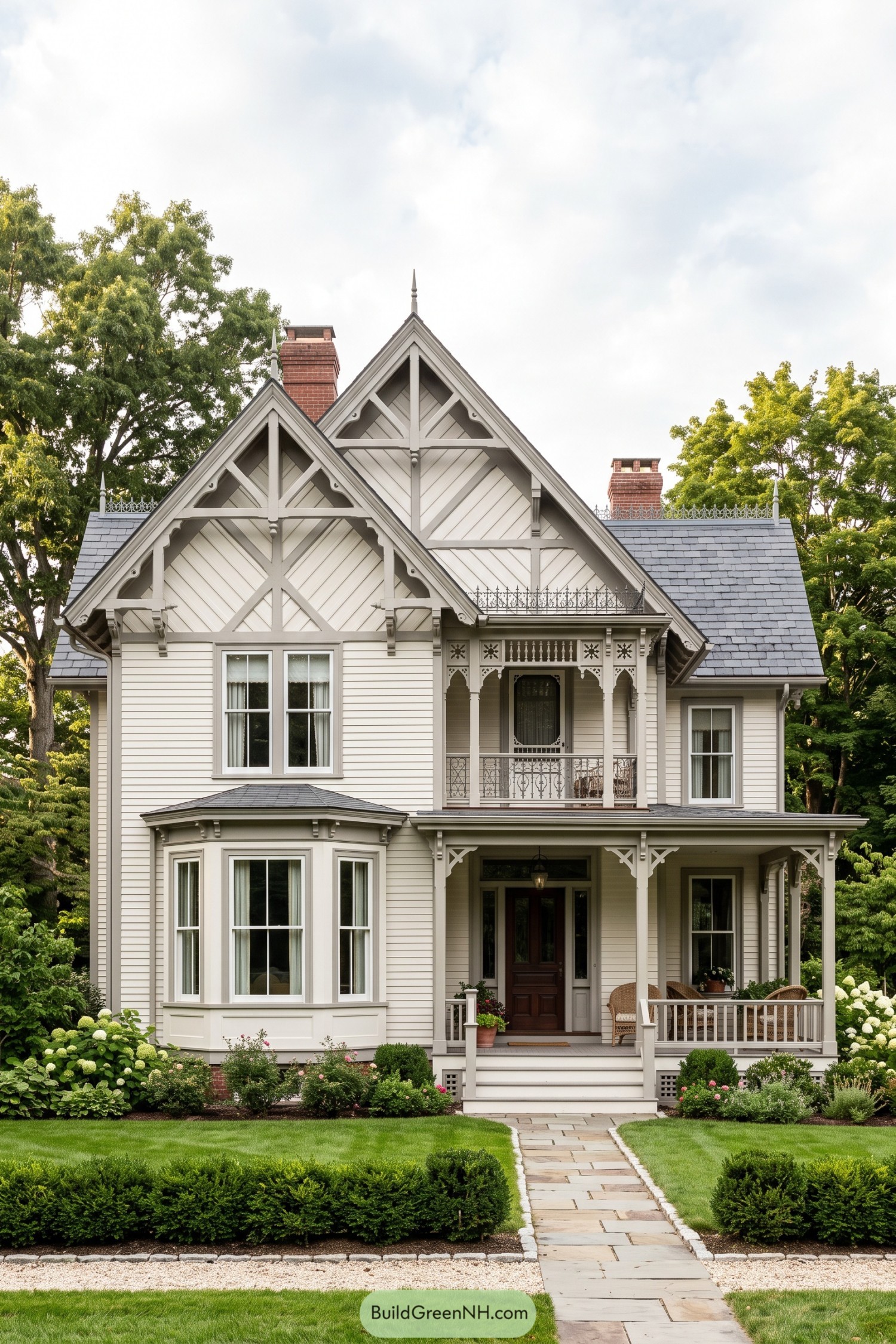 Cream Stick style house with steep gables and ornate porch