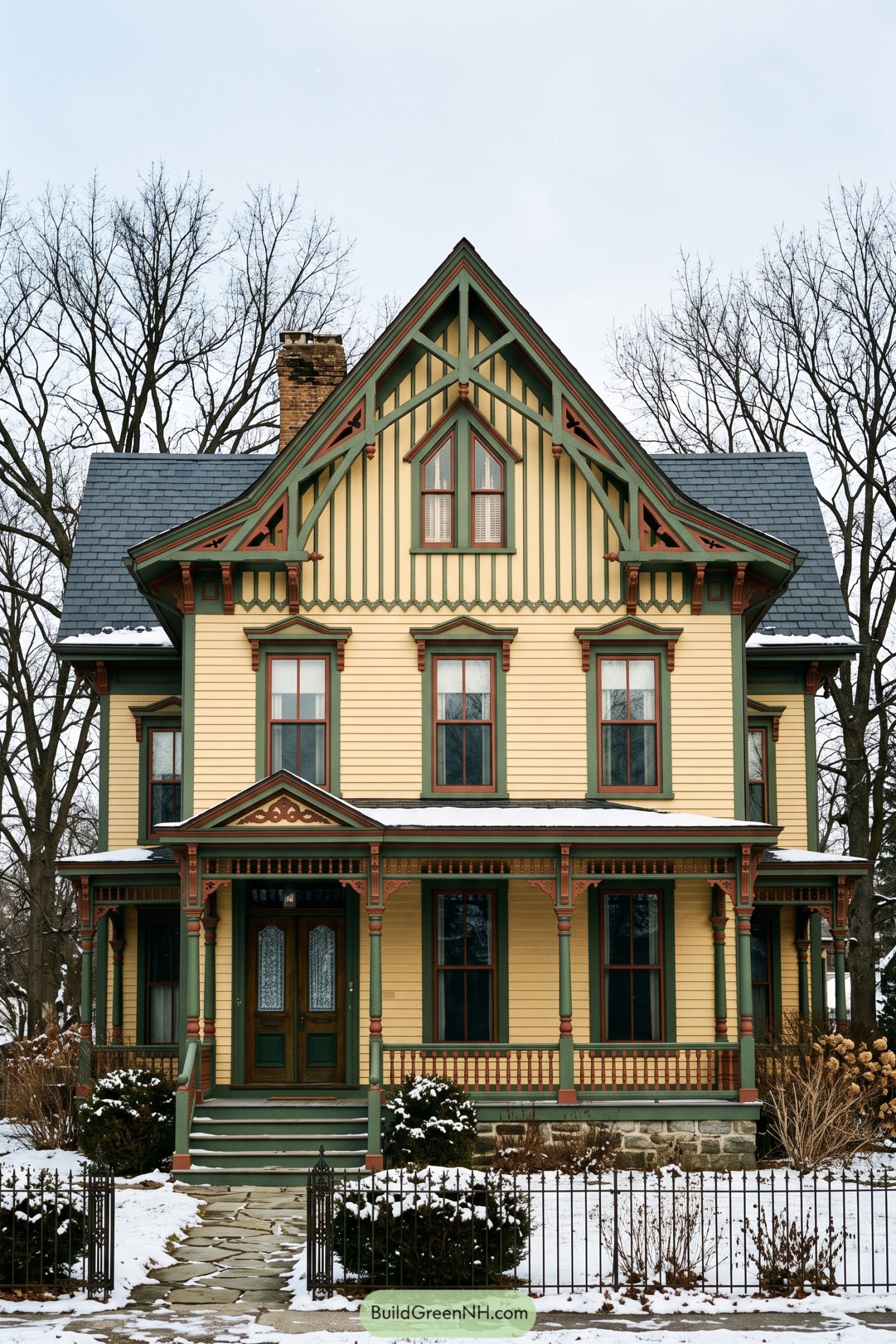 Yellow Stick style house with green trim and ornate porch