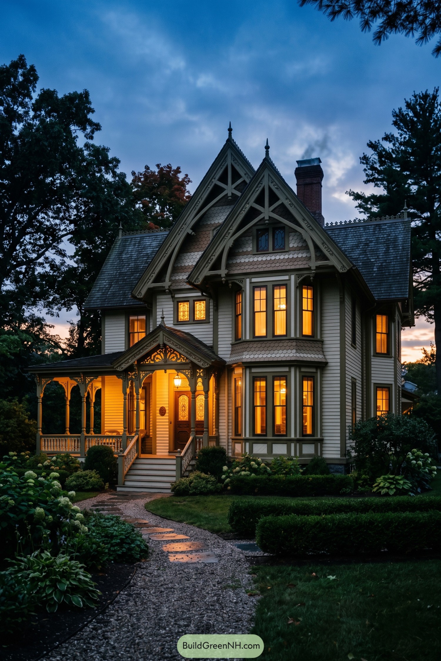 Victorian stick house with twin gables and glowing porch