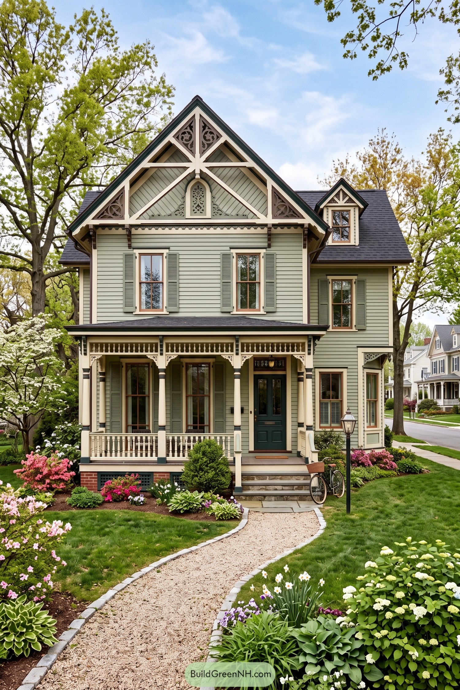 Pale green Stick style house with ornate gable trim and porch