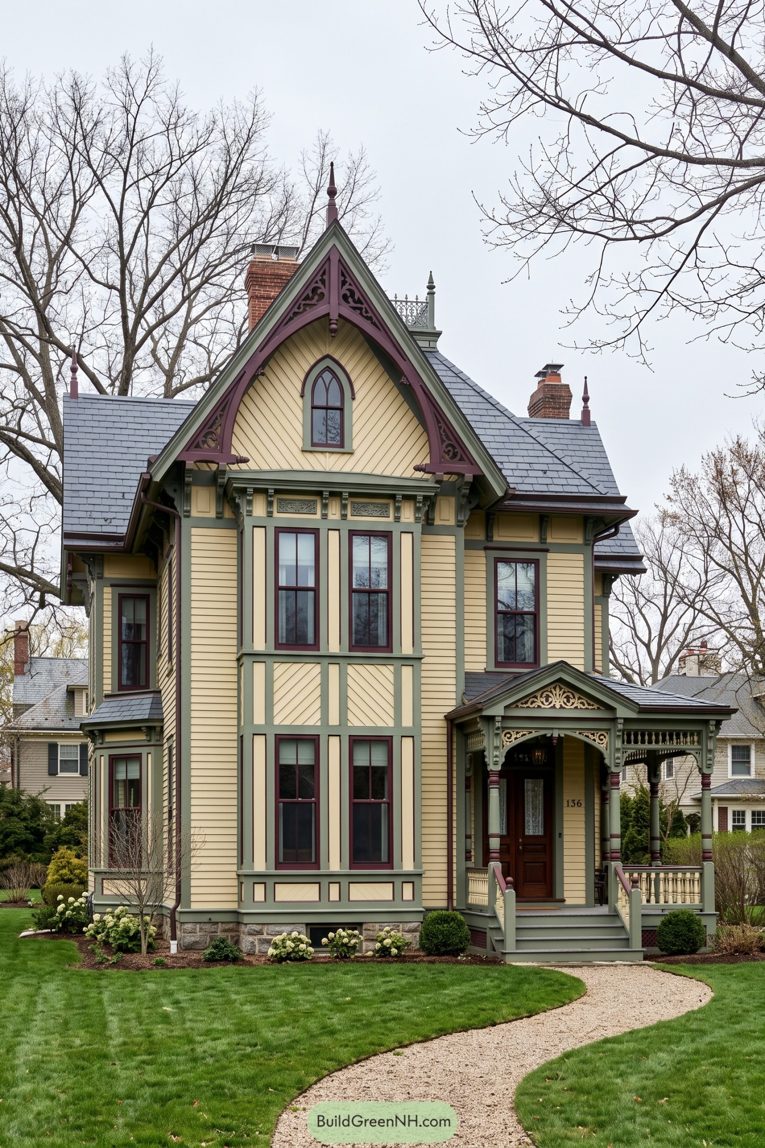 Victorian stick house with ornate gables and porch