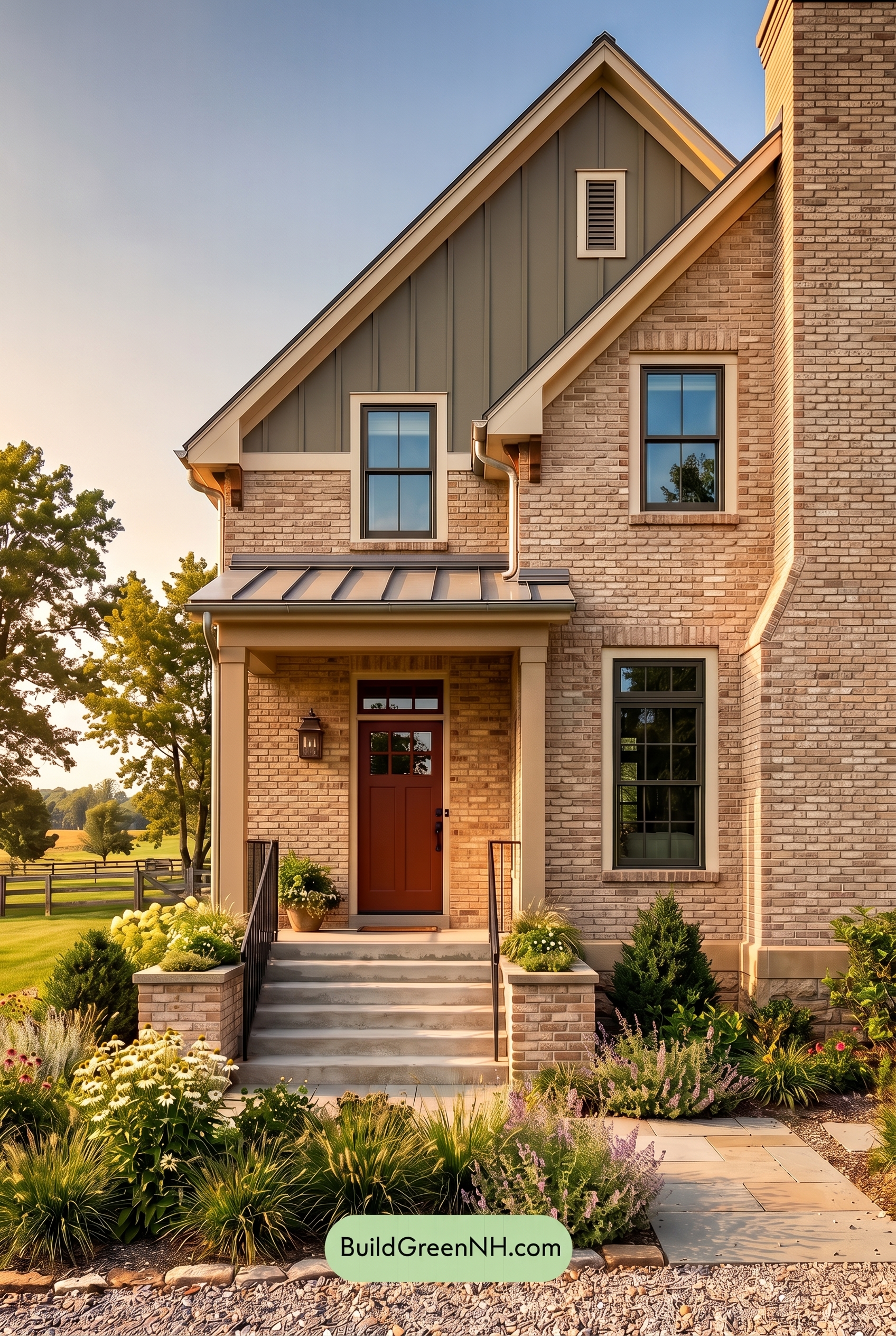 Tan Brick House Exterior Color Scheme: Buff Olive Crest - Golden Hour
