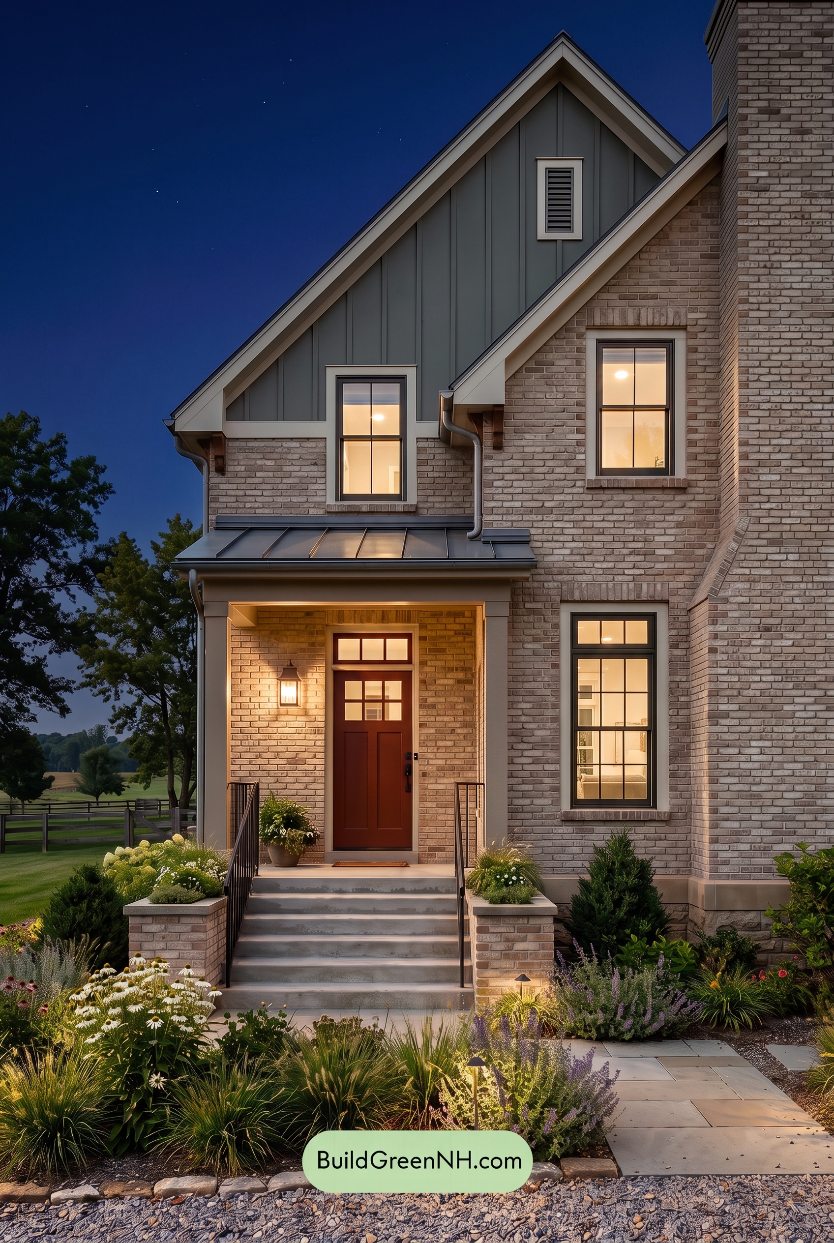 Tan Brick House Exterior Color Scheme: Buff Olive Crest - Nighttime