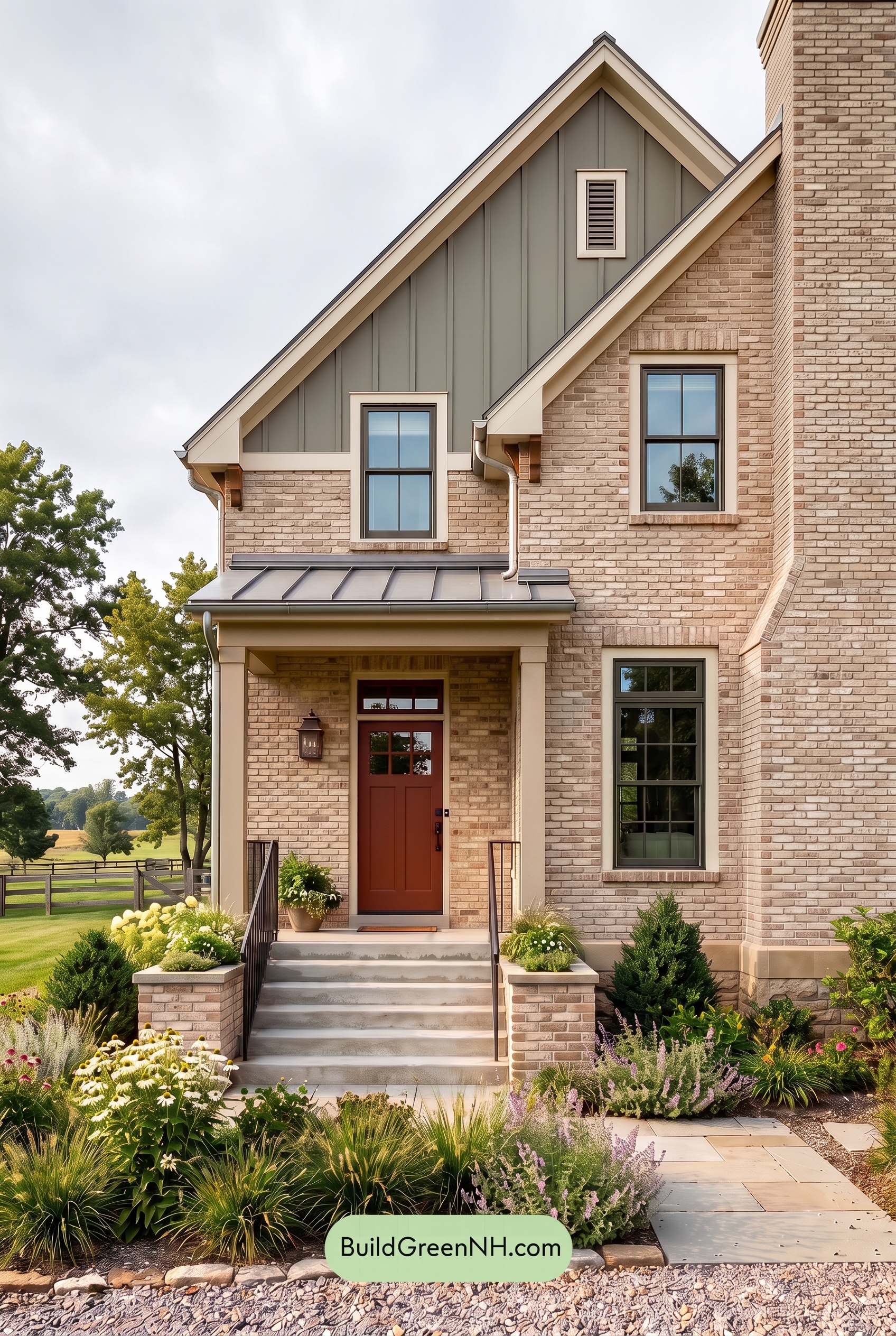 Tan Brick House Exterior Color Scheme: Buff Olive Crest - Overcast