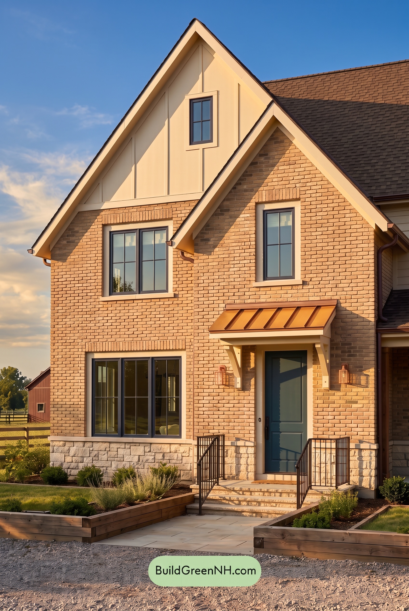 Tan Brick House Exterior Color Scheme: Camel Copper Gable - Golden Hour