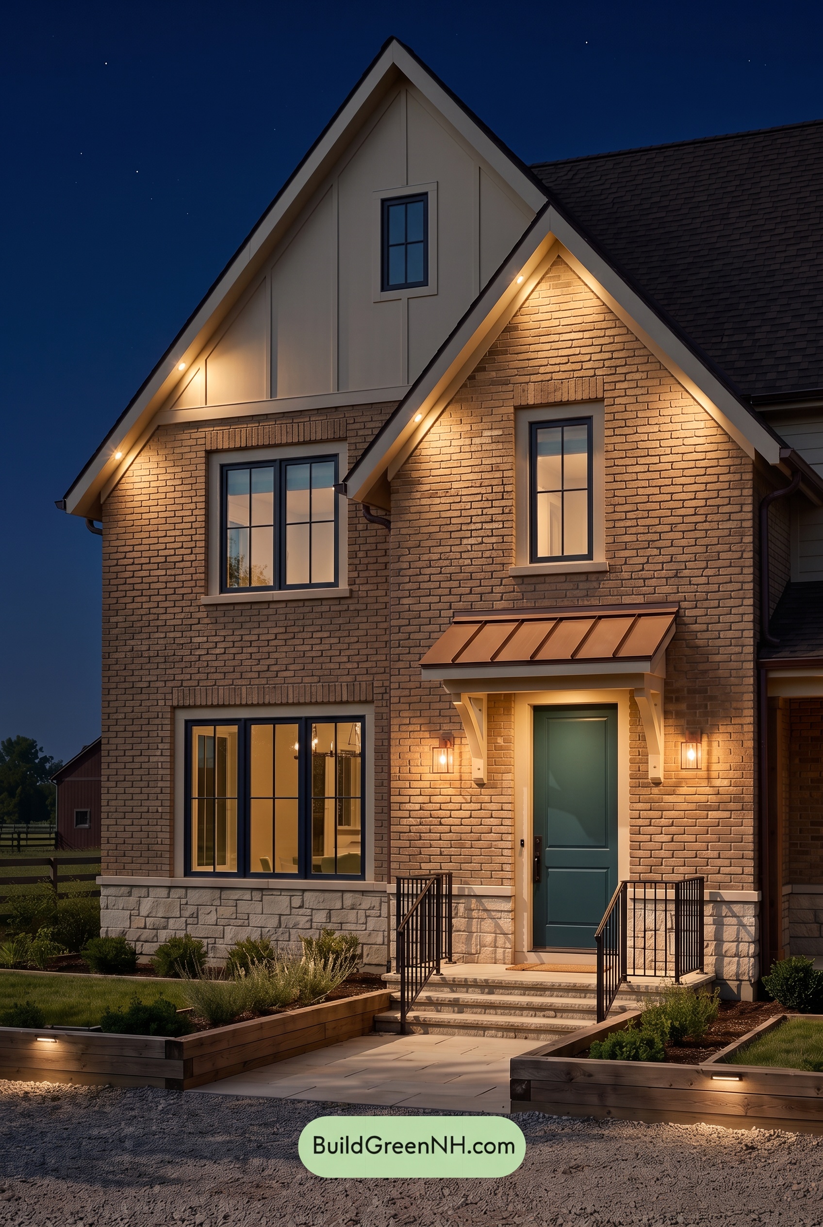 Tan Brick House Exterior Color Scheme: Camel Copper Gable - Nighttime