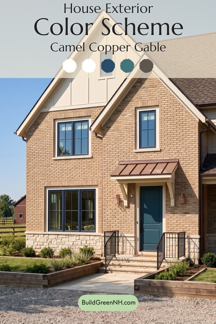 Tan Brick House Exterior Color Scheme: Camel Copper Gable