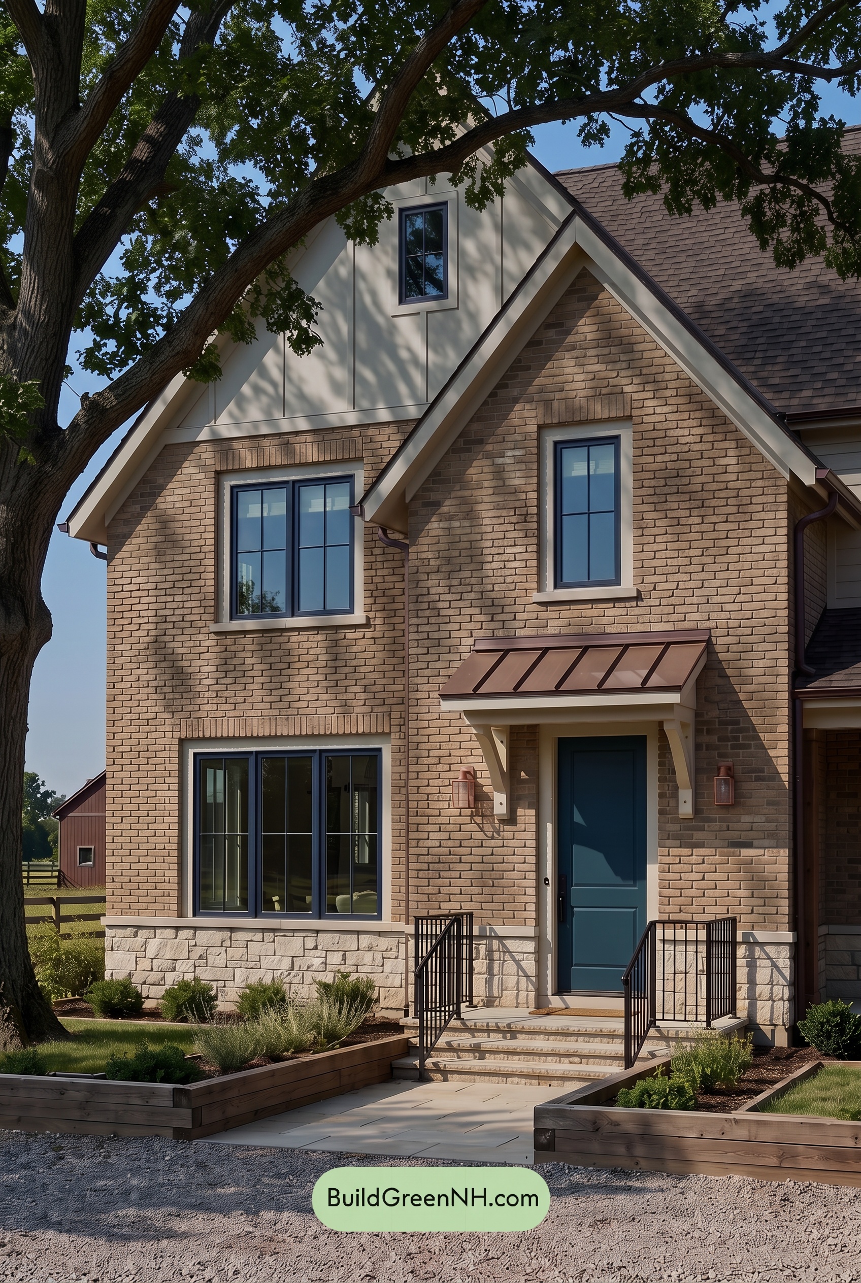 Tan Brick House Exterior Color Scheme: Camel Copper Gable - Shade