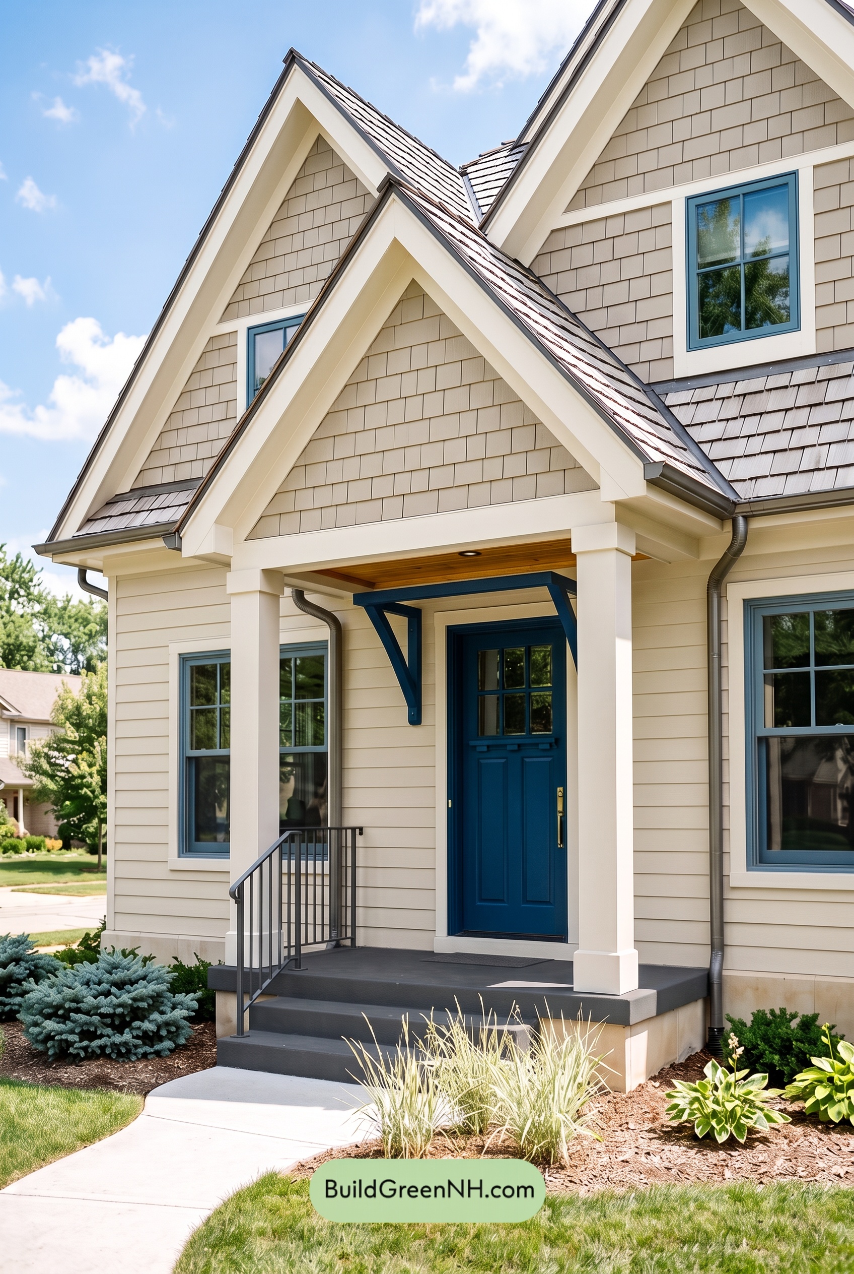 Tan Brick House Exterior Color Scheme: Cobalt Threshold Glow
