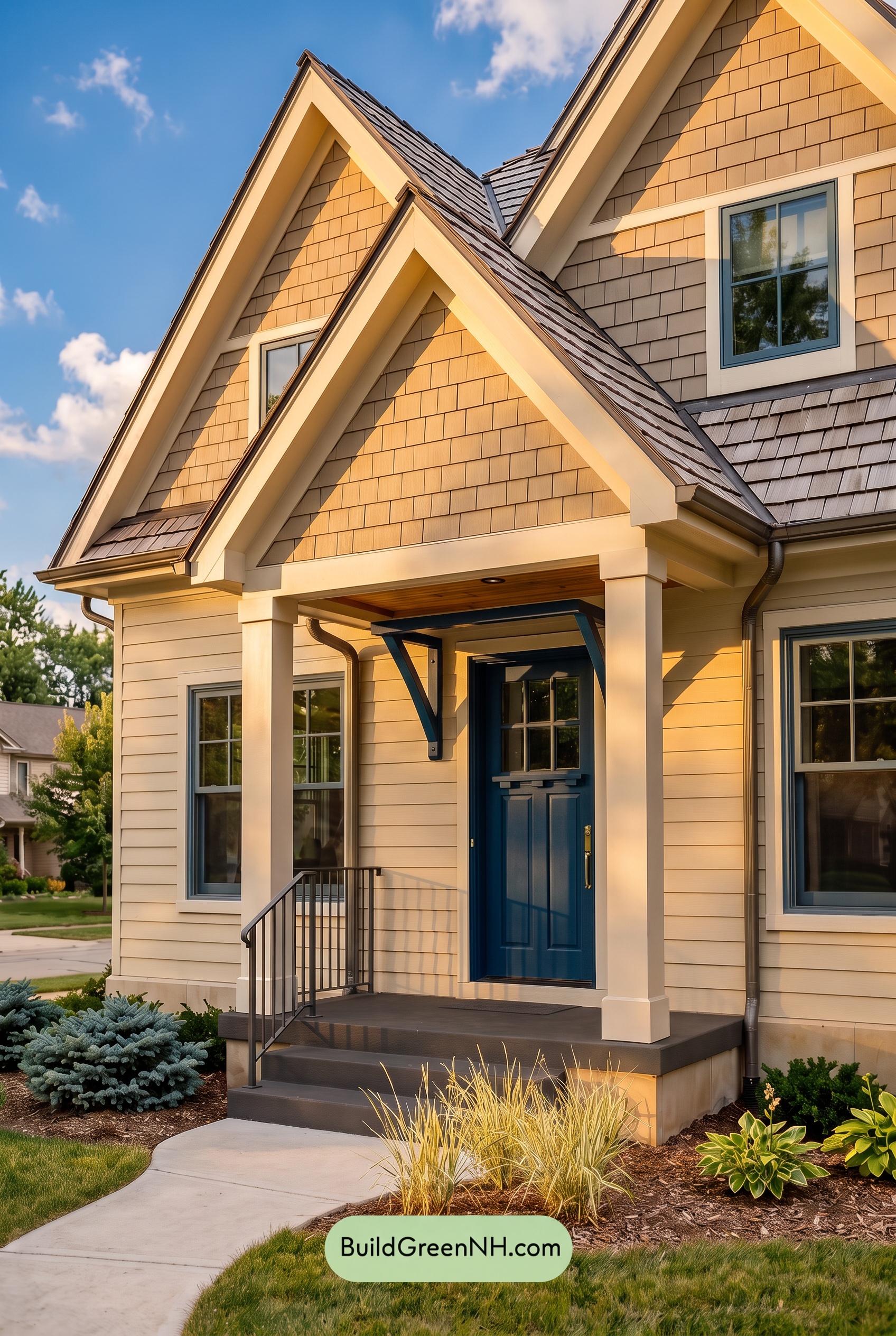 Tan Brick House Exterior Color Scheme: Cobalt Threshold Glow - Golden Hour