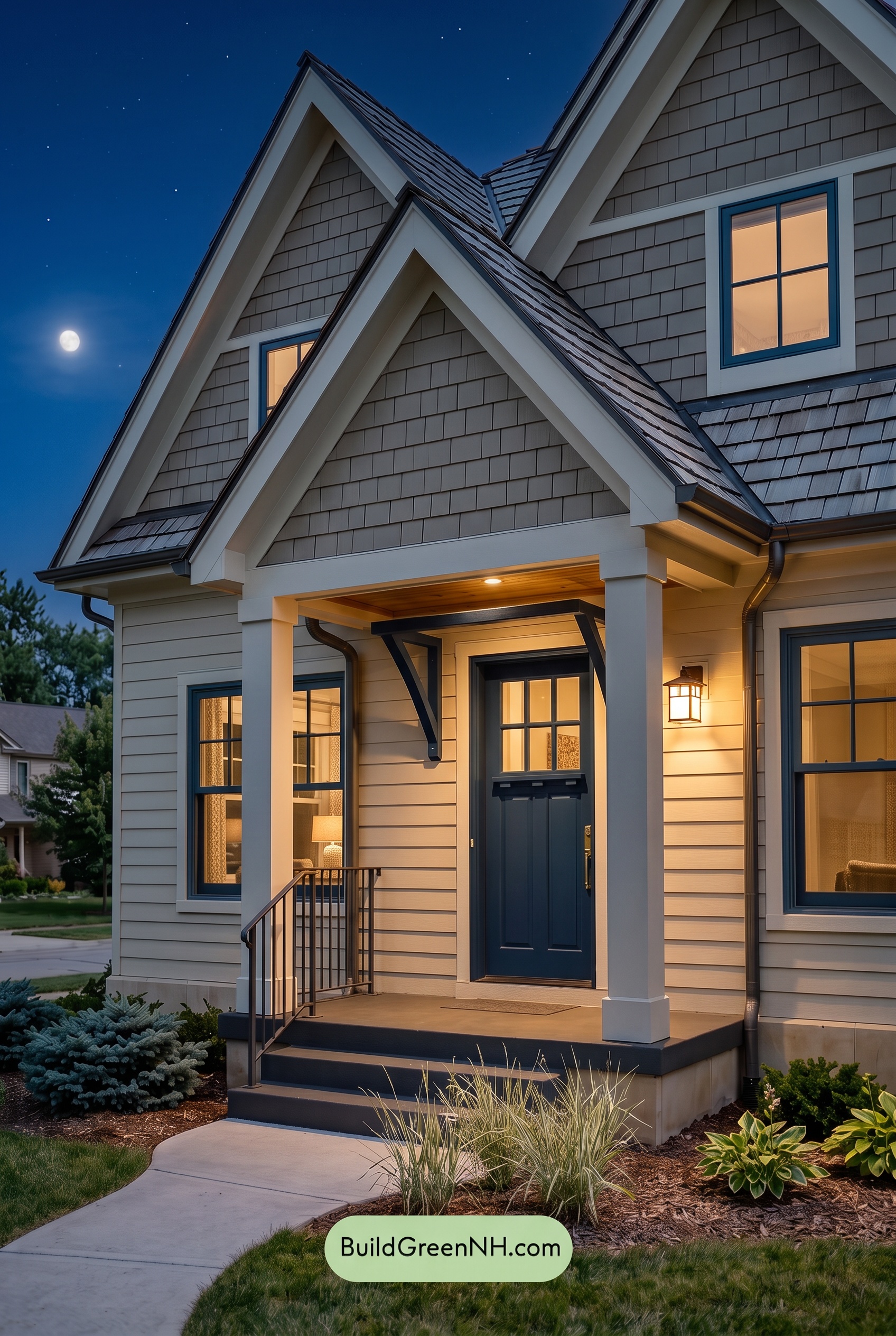 Tan Brick House Exterior Color Scheme: Cobalt Threshold Glow - Nighttime