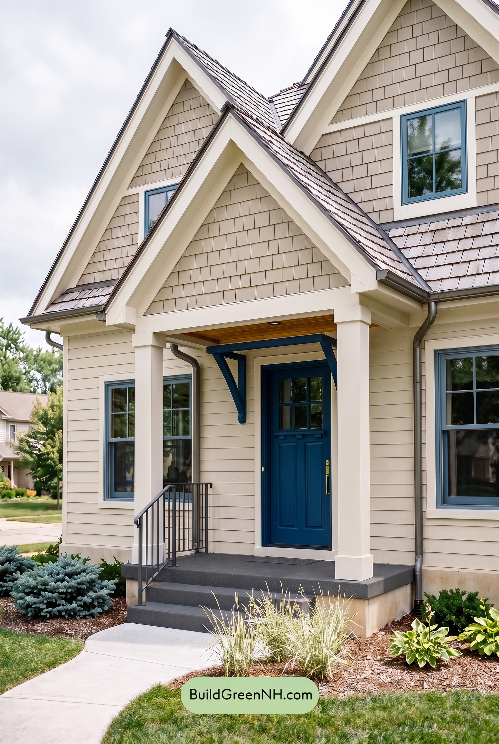 Tan Brick House Exterior Color Scheme: Cobalt Threshold Glow - Overcast