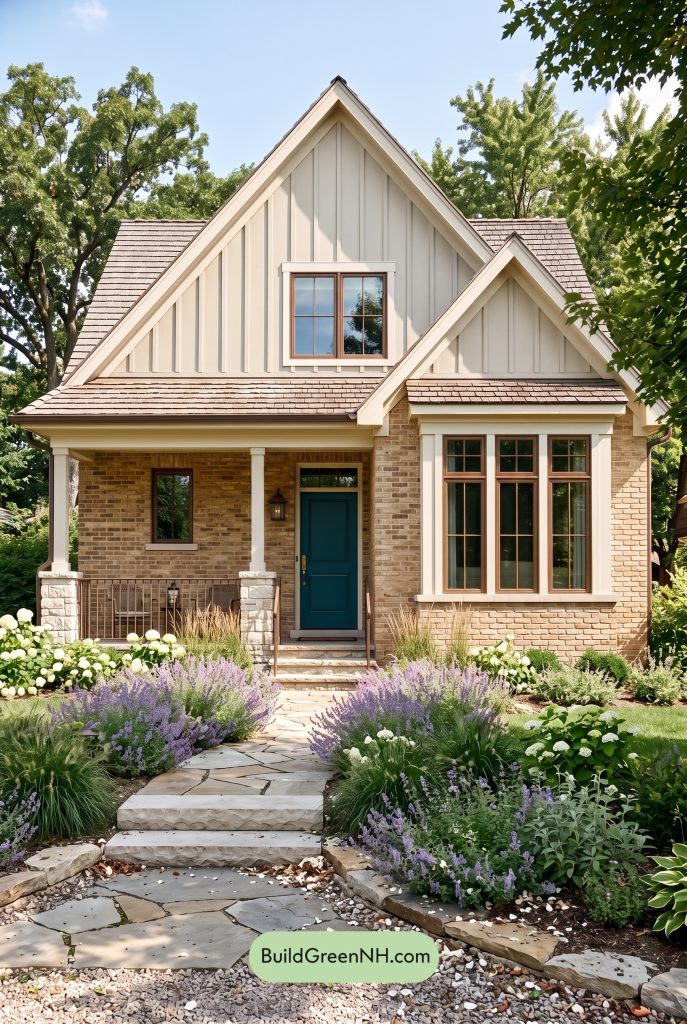 Tan Brick House Exterior Color Scheme: Dune Teal Lantern