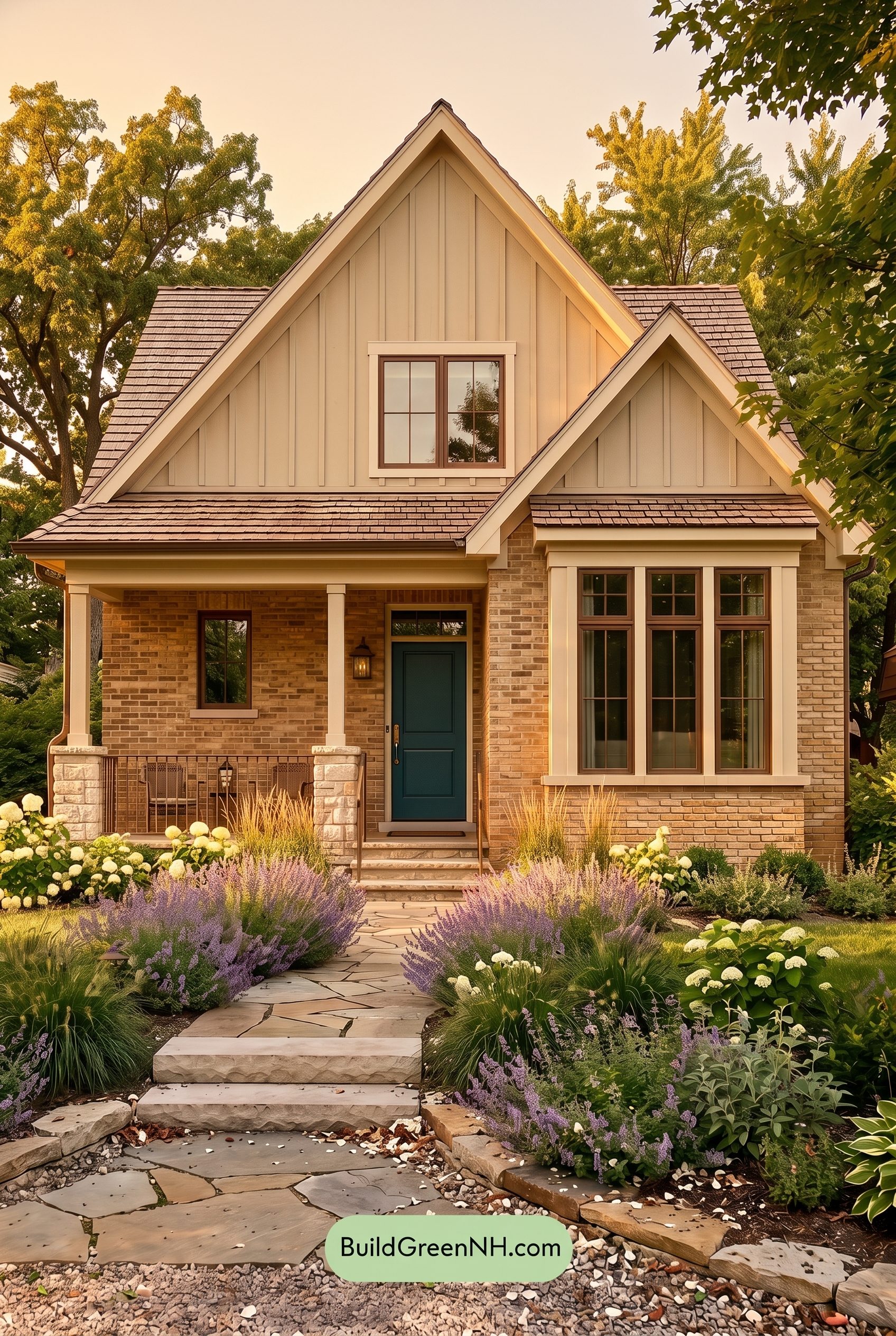 Tan Brick House Exterior Color Scheme: Dune Teal Lantern - Golden Hour