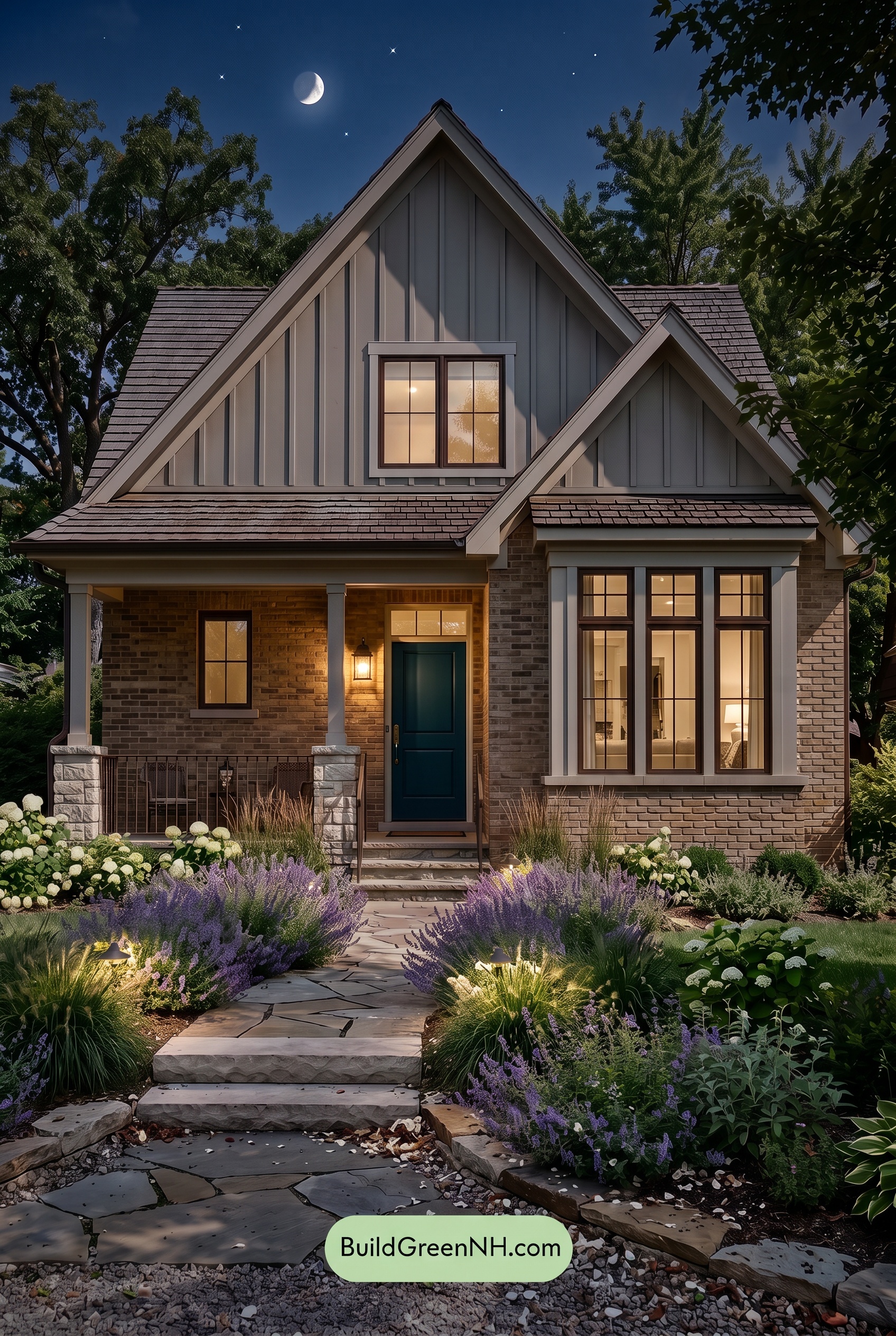Tan Brick House Exterior Color Scheme: Dune Teal Lantern - Nighttime