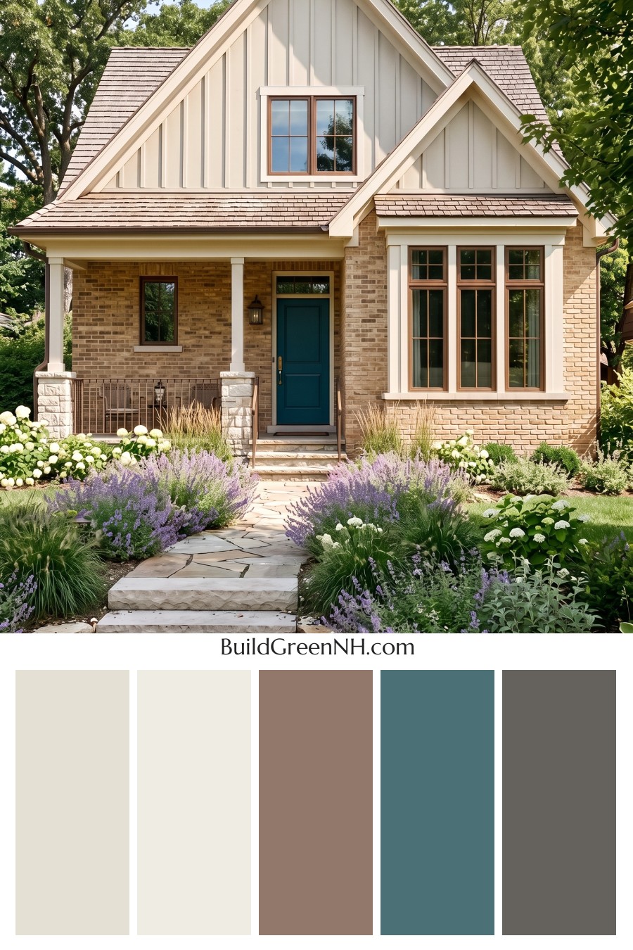 Tan Brick House Exterior Color Scheme: Dune Teal Lantern