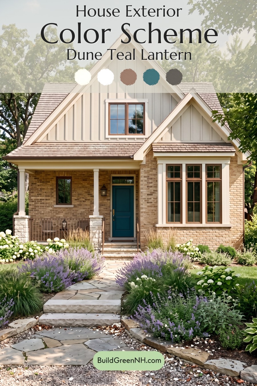 Tan Brick House Exterior Color Scheme: Dune Teal Lantern
