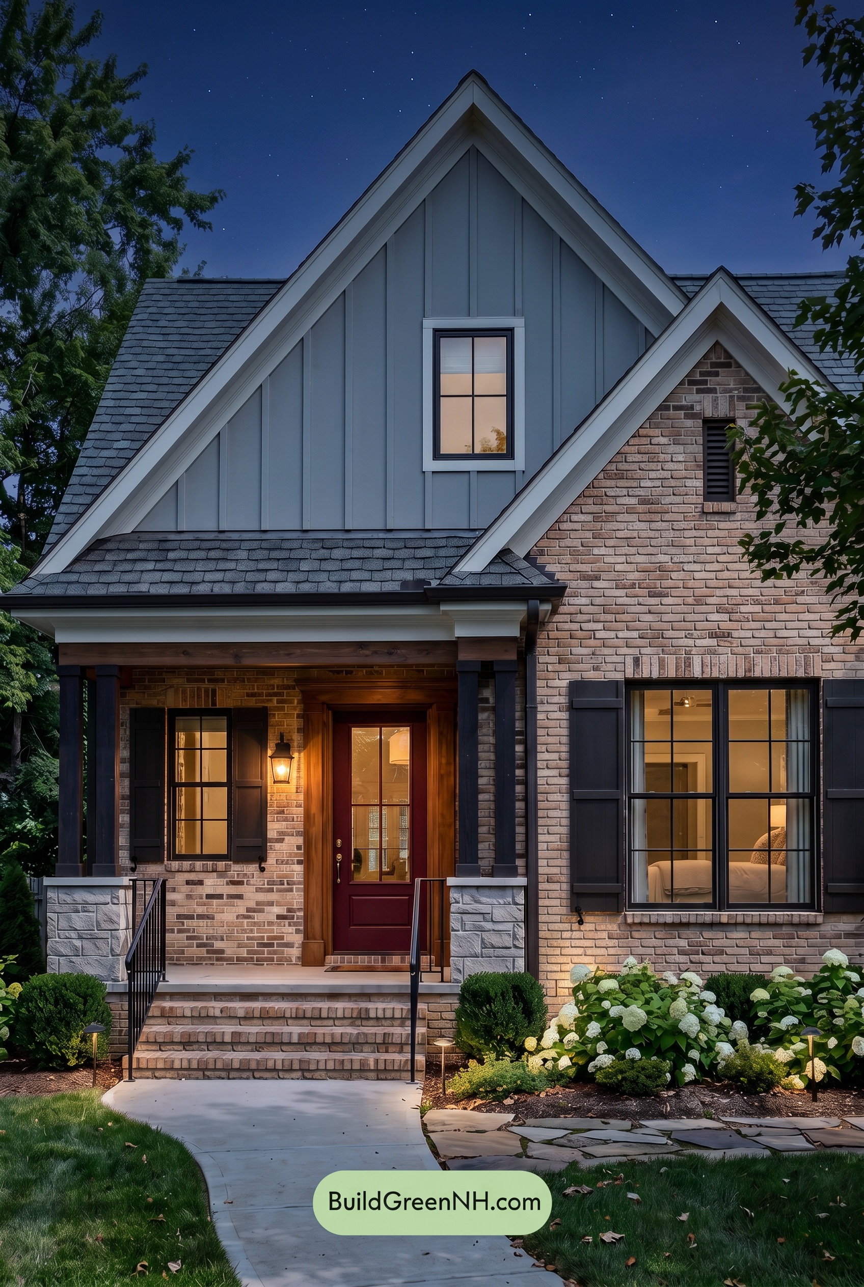 Tan Brick House Exterior Color Scheme: Hearthlight Passage - Nighttime