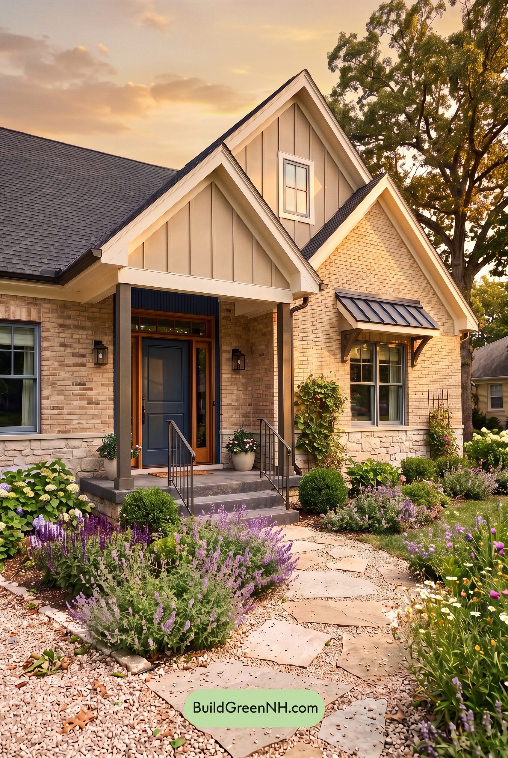 Tan Brick House Exterior Color Scheme: Indigo Gable Ease - Golden Hour