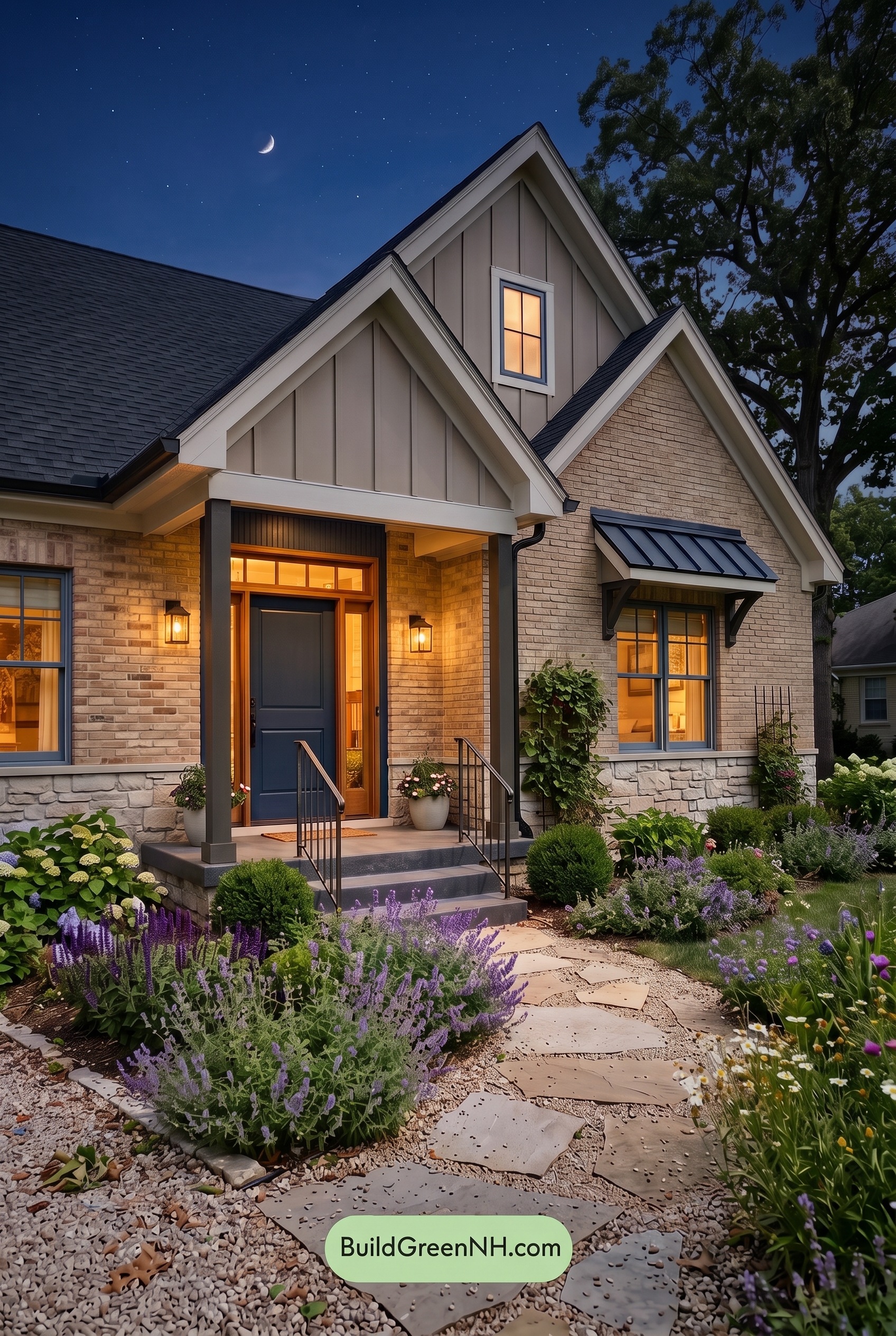 Tan Brick House Exterior Color Scheme: Indigo Gable Ease - Nighttime