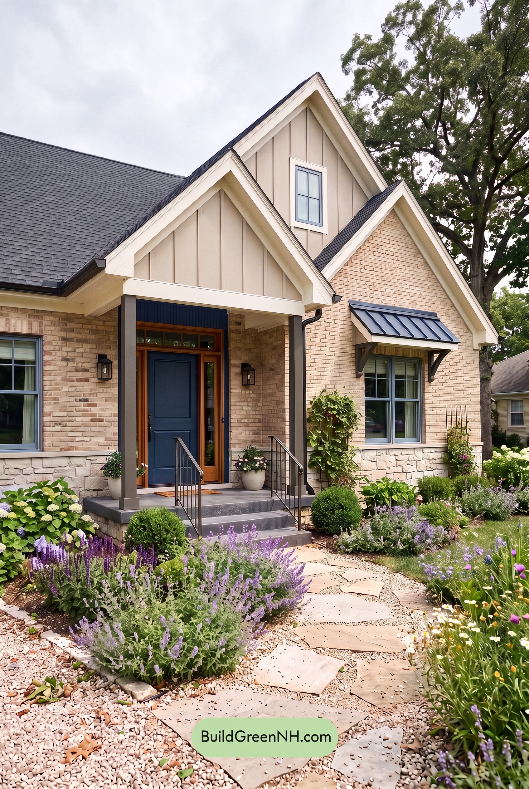 Tan Brick House Exterior Color Scheme: Indigo Gable Ease - Overcast