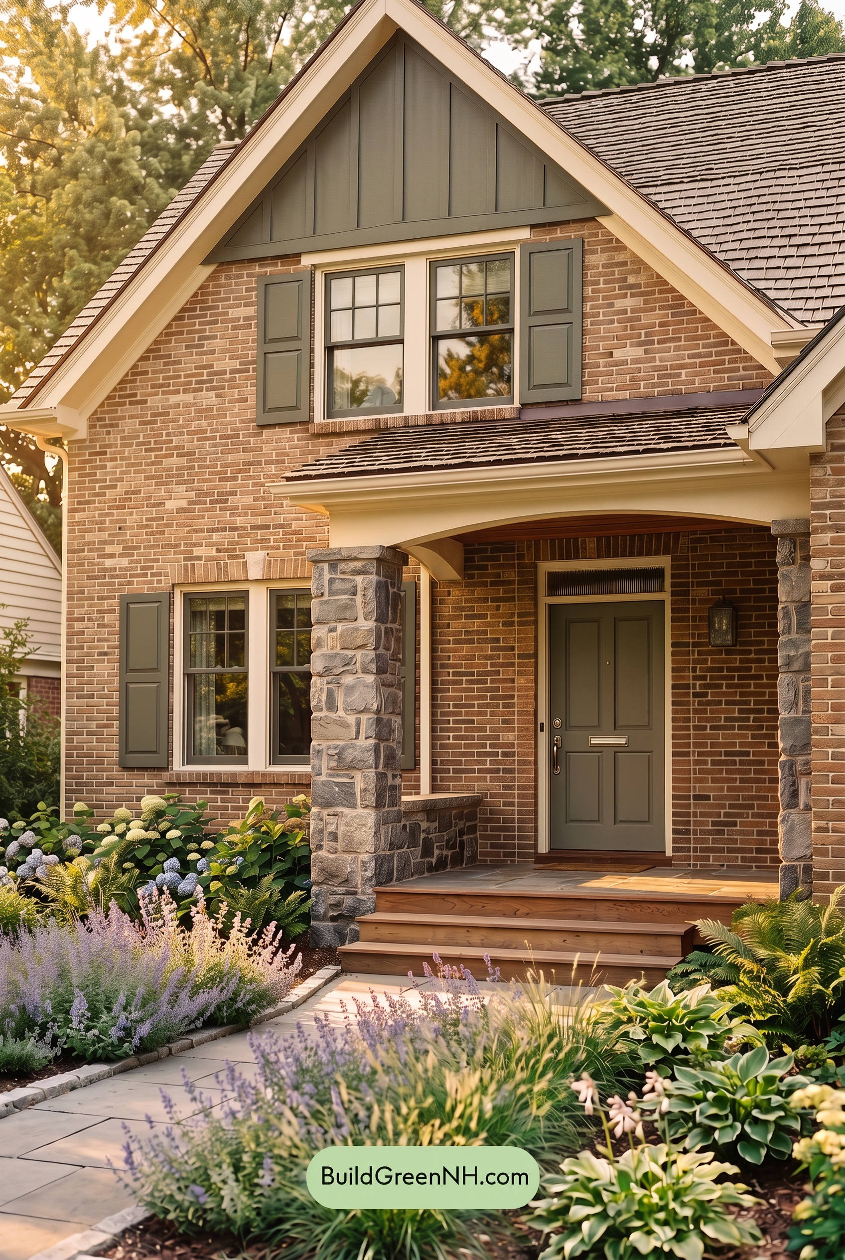 Tan Brick House Exterior Color Scheme: Juniper Porch Gleam - Golden Hour