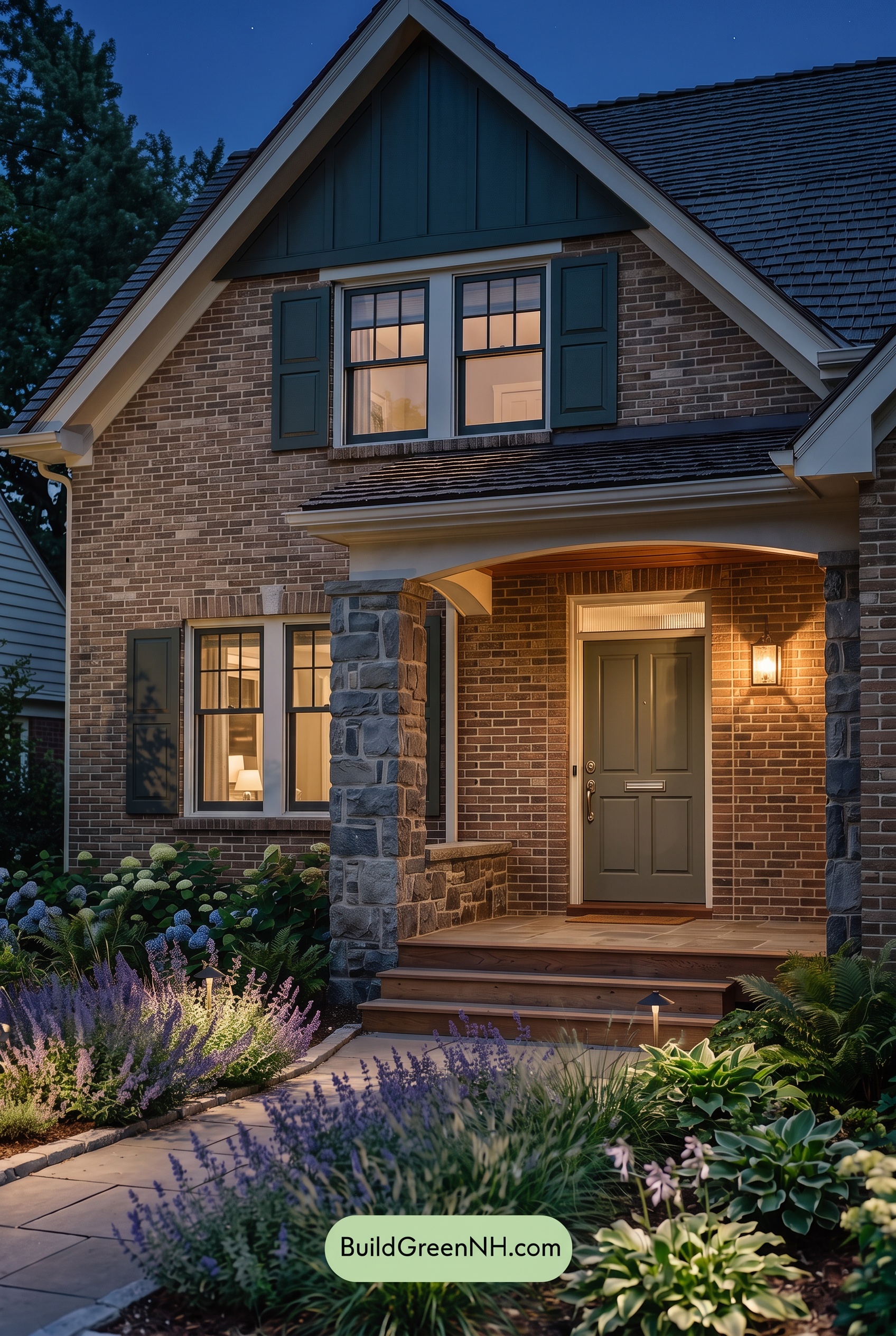 Tan Brick House Exterior Color Scheme: Juniper Porch Gleam - Nighttime