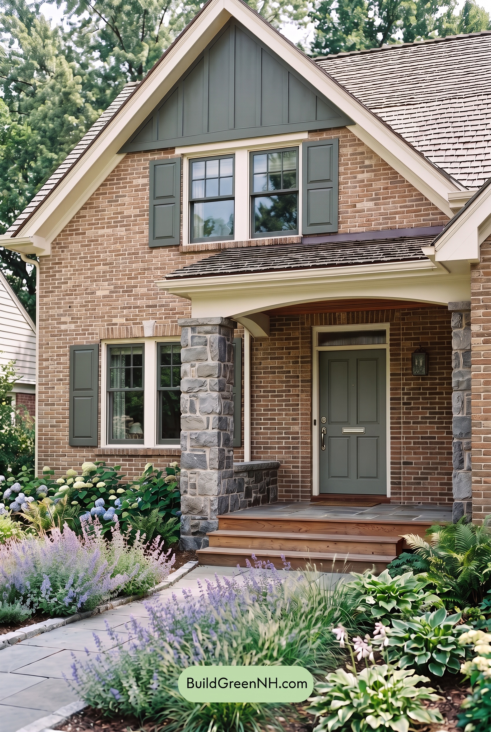 Tan Brick House Exterior Color Scheme: Juniper Porch Gleam - Overcast