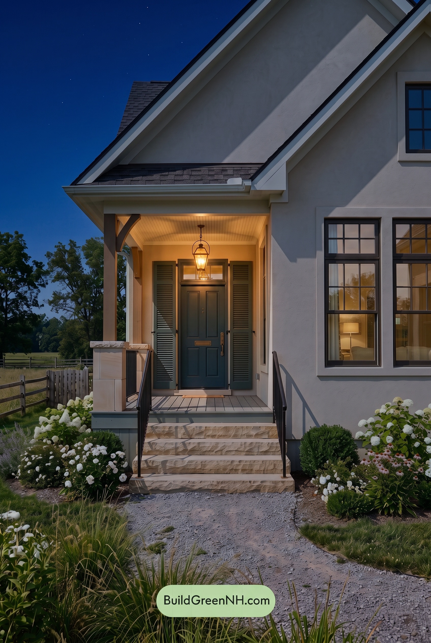 Tan Brick House Exterior Color Scheme: Laurel Entry Hush - Nighttime