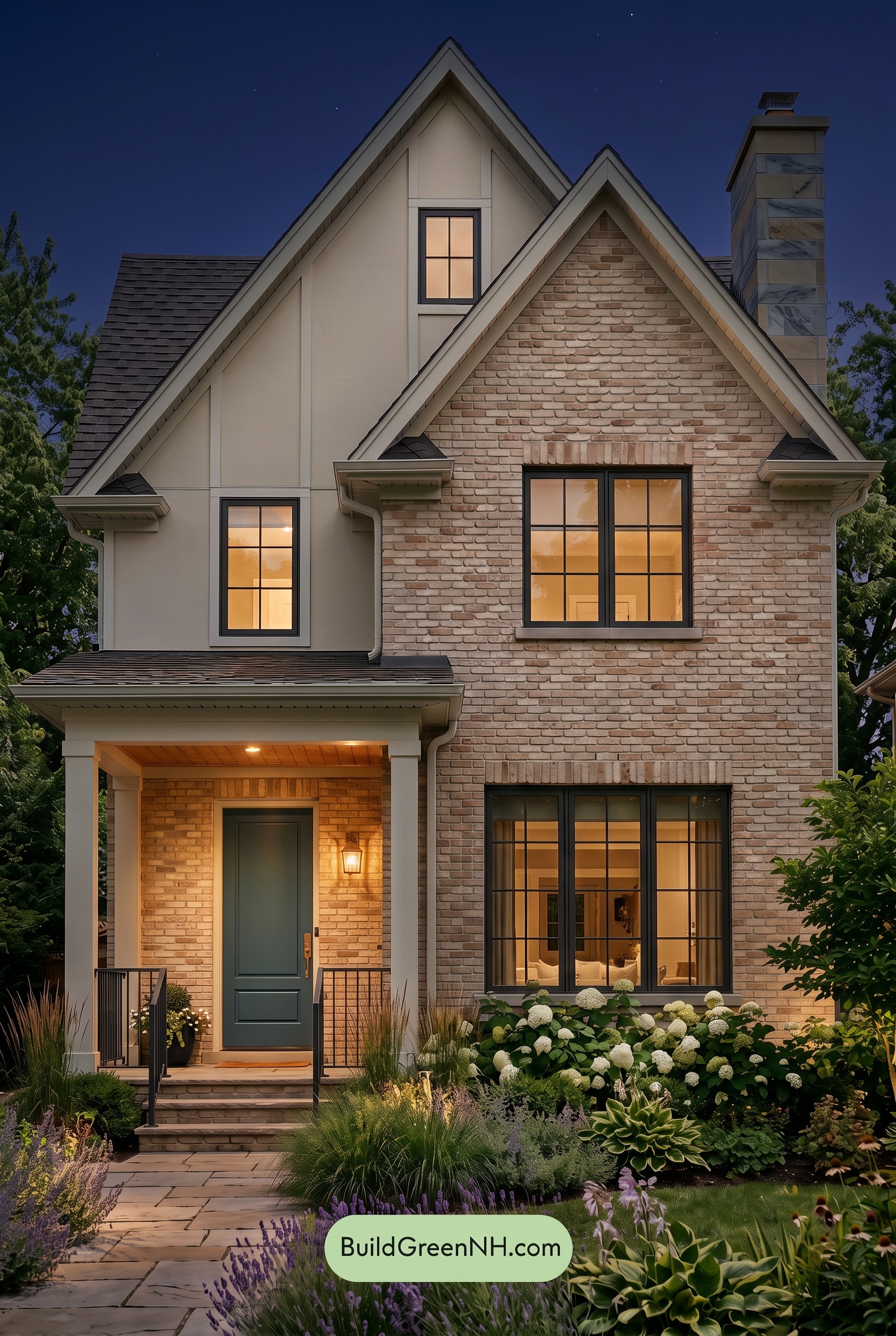 Tan Brick House Exterior Color Scheme: Linen Forge - Nighttime