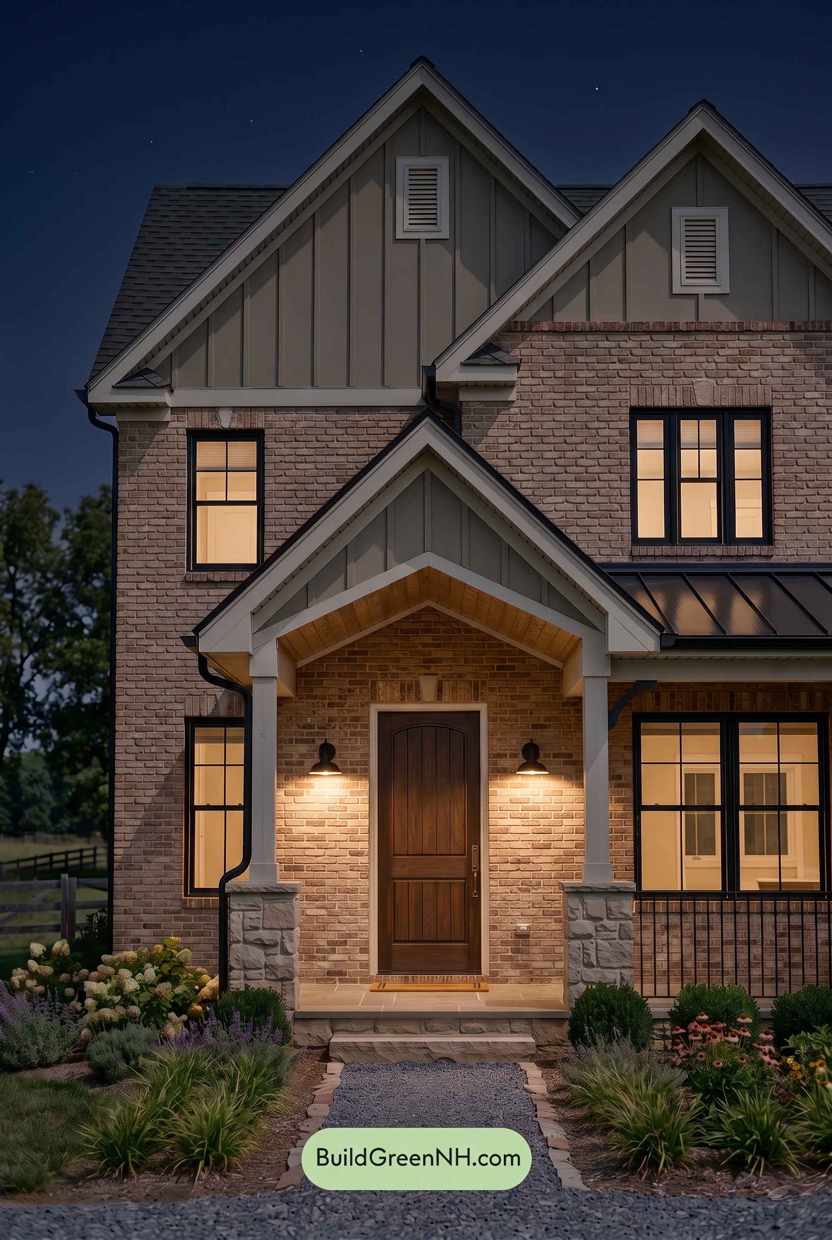 Tan Brick House Exterior Color Scheme: Masonry Reverie - Nighttime