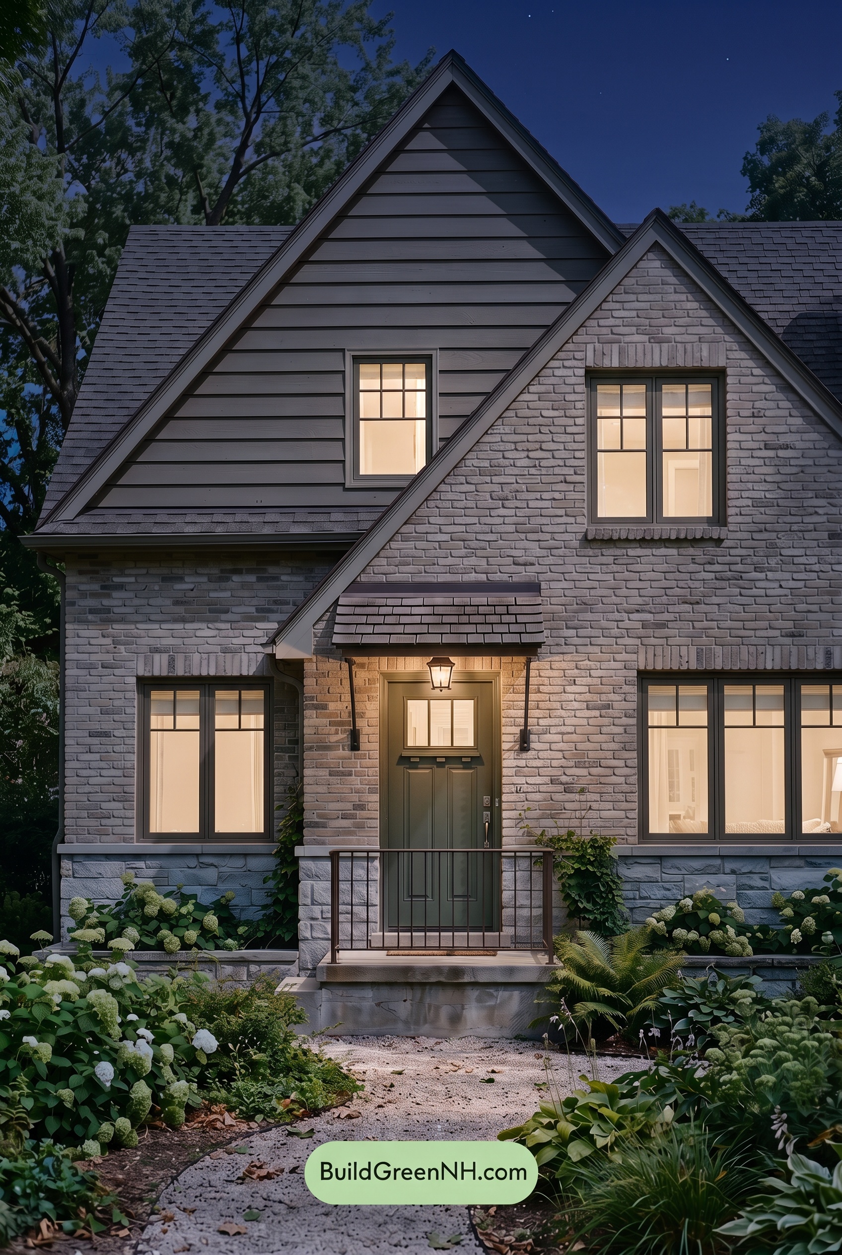 Tan Brick House Exterior Color Scheme: Mushroom Cedar Calm - Nighttime